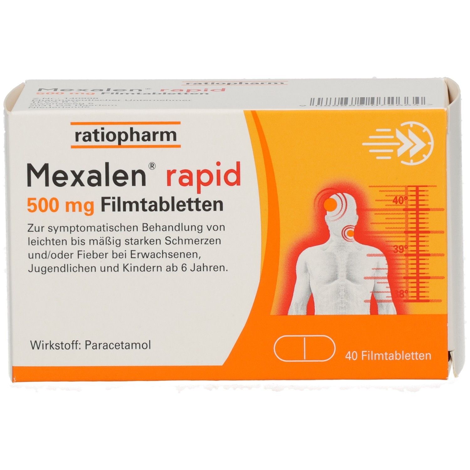 Vorderansicht der Packung Mexalen rapid 500 mg Filmtabletten. Enthält 40 Stück.
