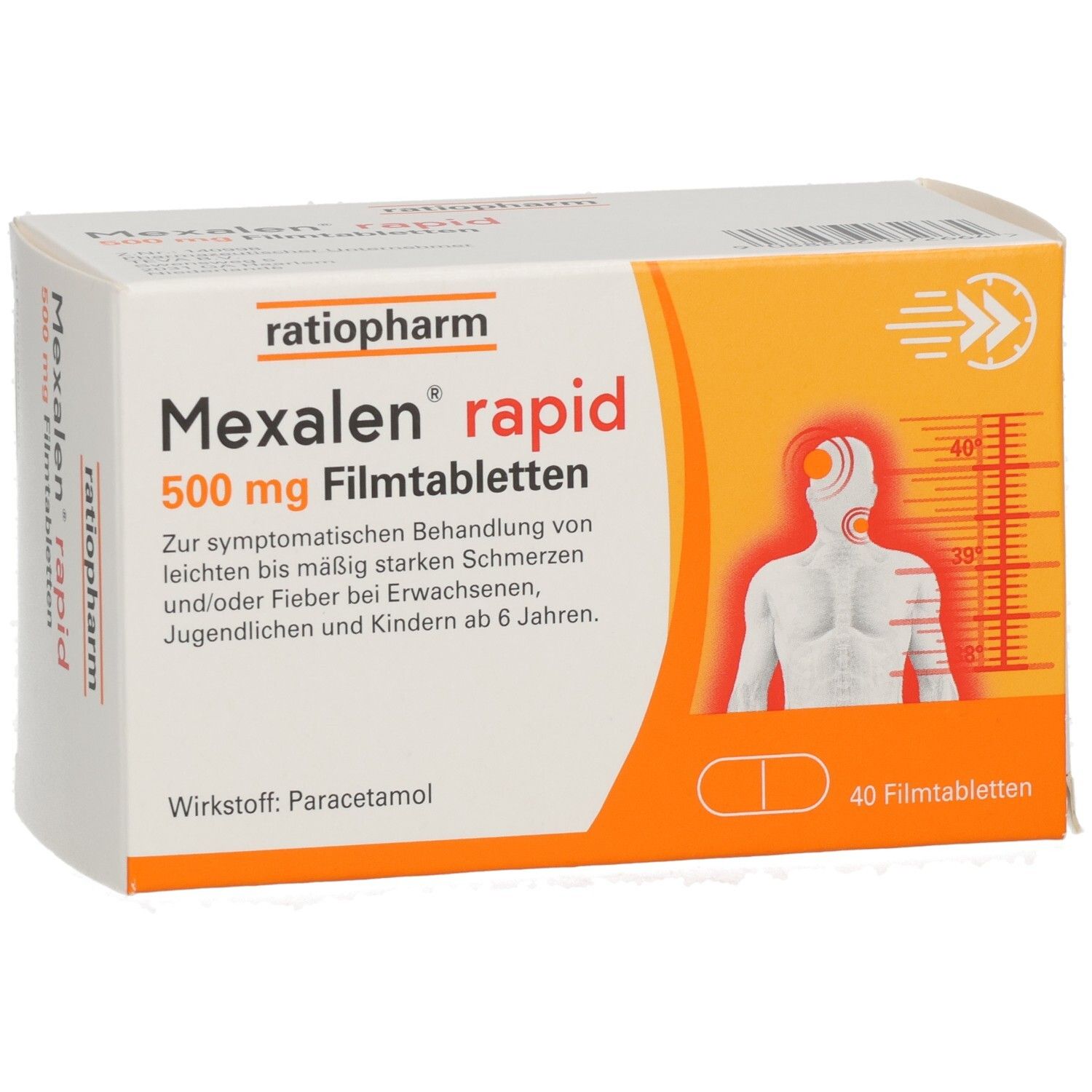 Packung Mexalen rapid 500 mg Filmtabletten, schräg von vorne. Enthält 40 Stück.