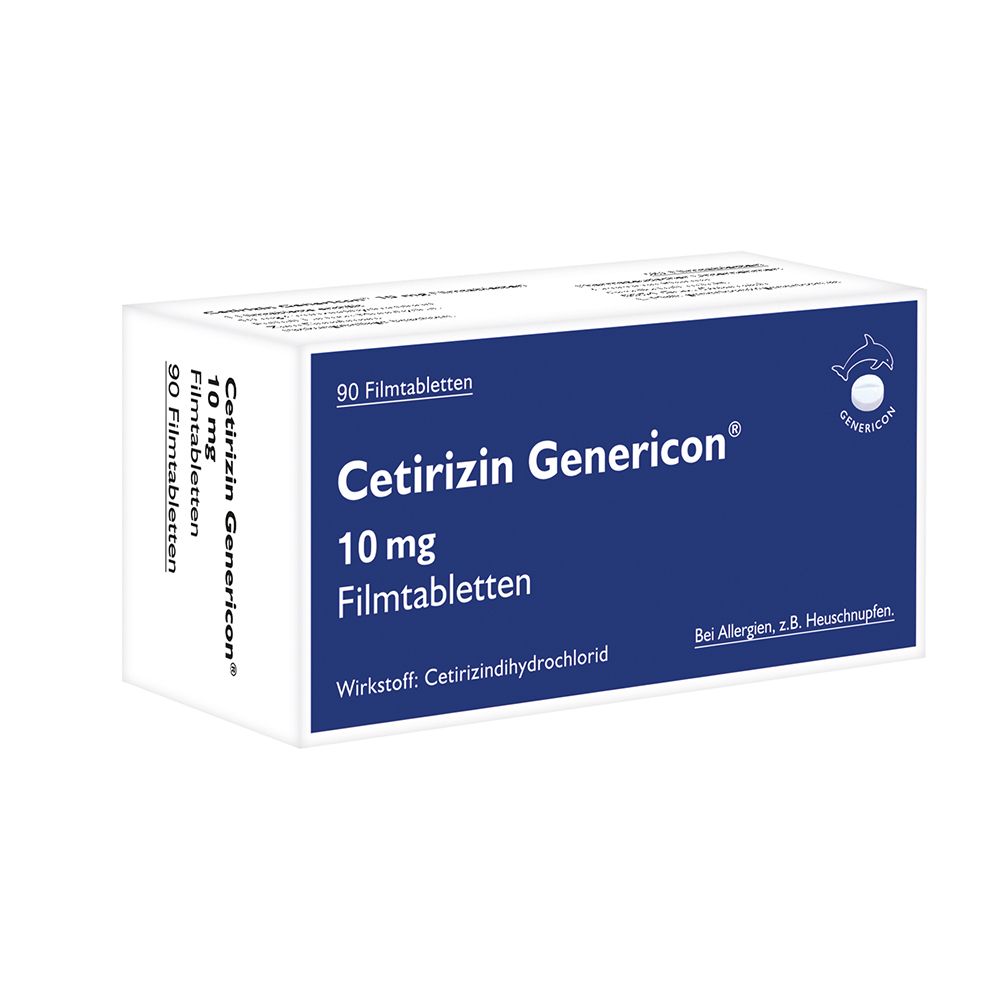 Packung mit 90 Filmtabletten Cetirizin Genericon 10 mg, Wirkstoff: Cetirizinhydrochlorid.