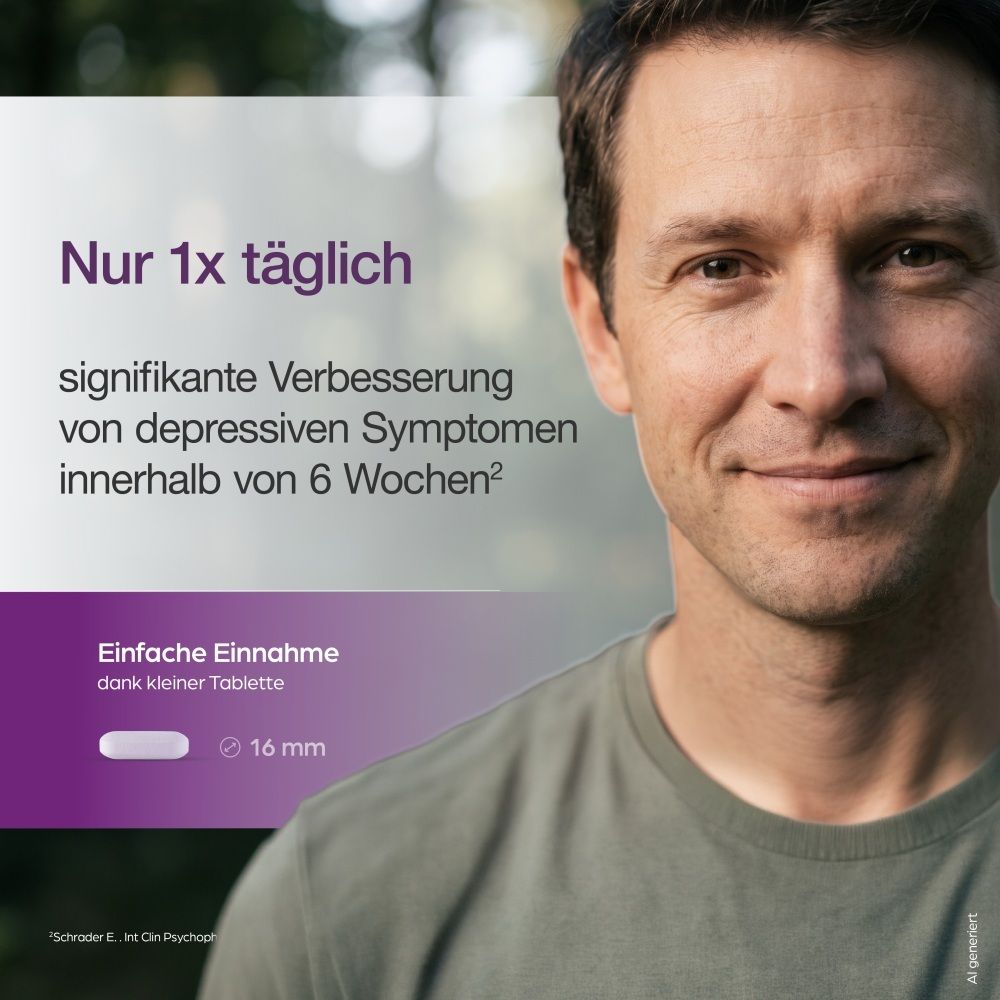 Mann lächelt, Text: Nur 1x täglich, signifikante Verbesserung depressiver Symptome innerhalb von 6 Wochen, einfache Einnahme.