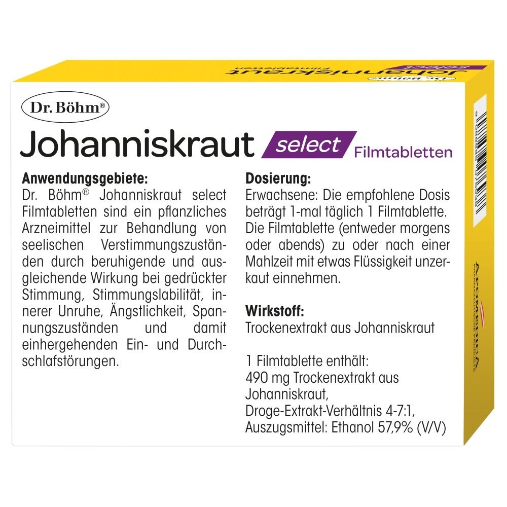 Dr. Böhm Johanniskraut select Filmtabletten Verpackung mit Anwendung, Dosierung und Wirkstoffangaben.