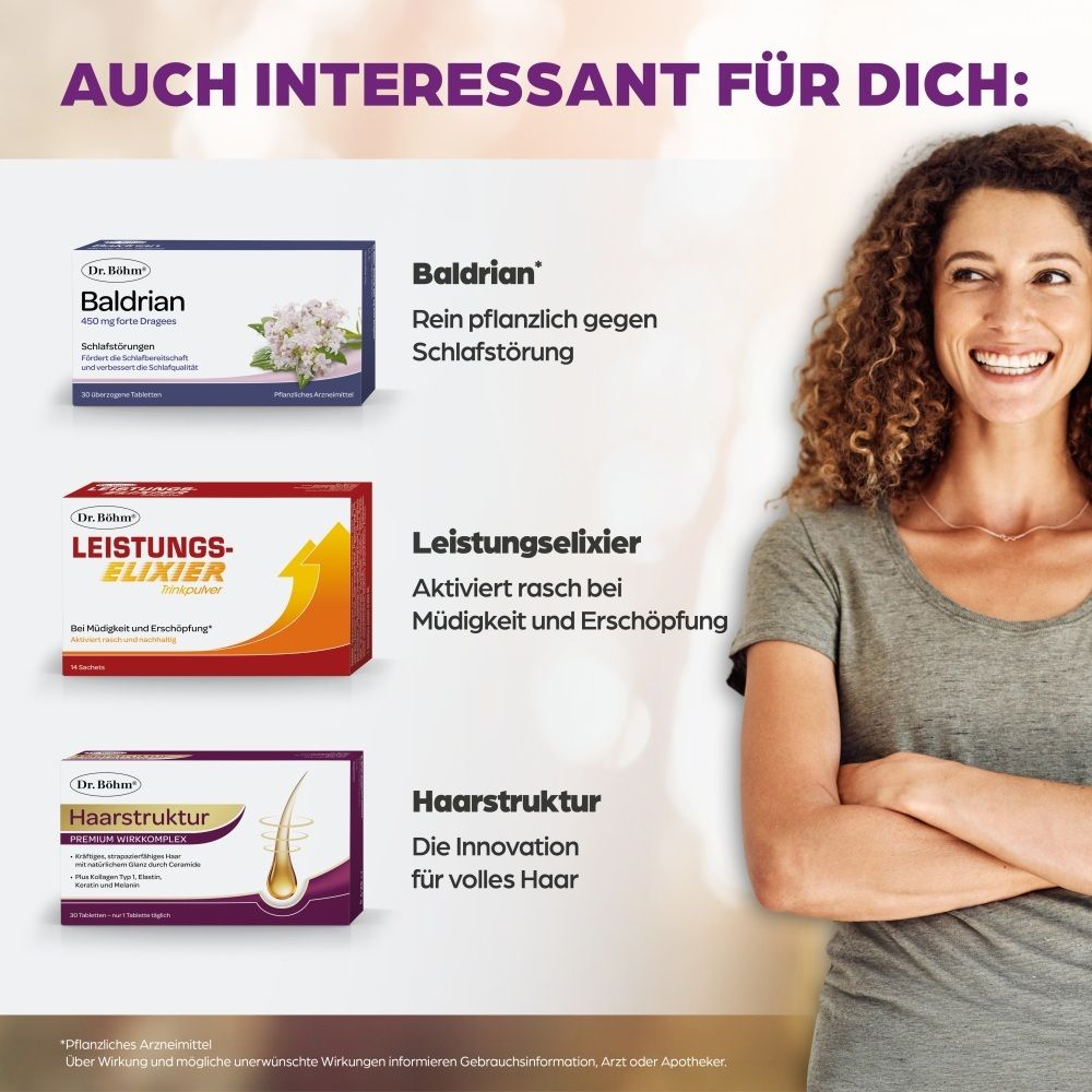Frau lächelt, daneben Produkte: Baldrian, Leistungselixier, Haarstruktur.
