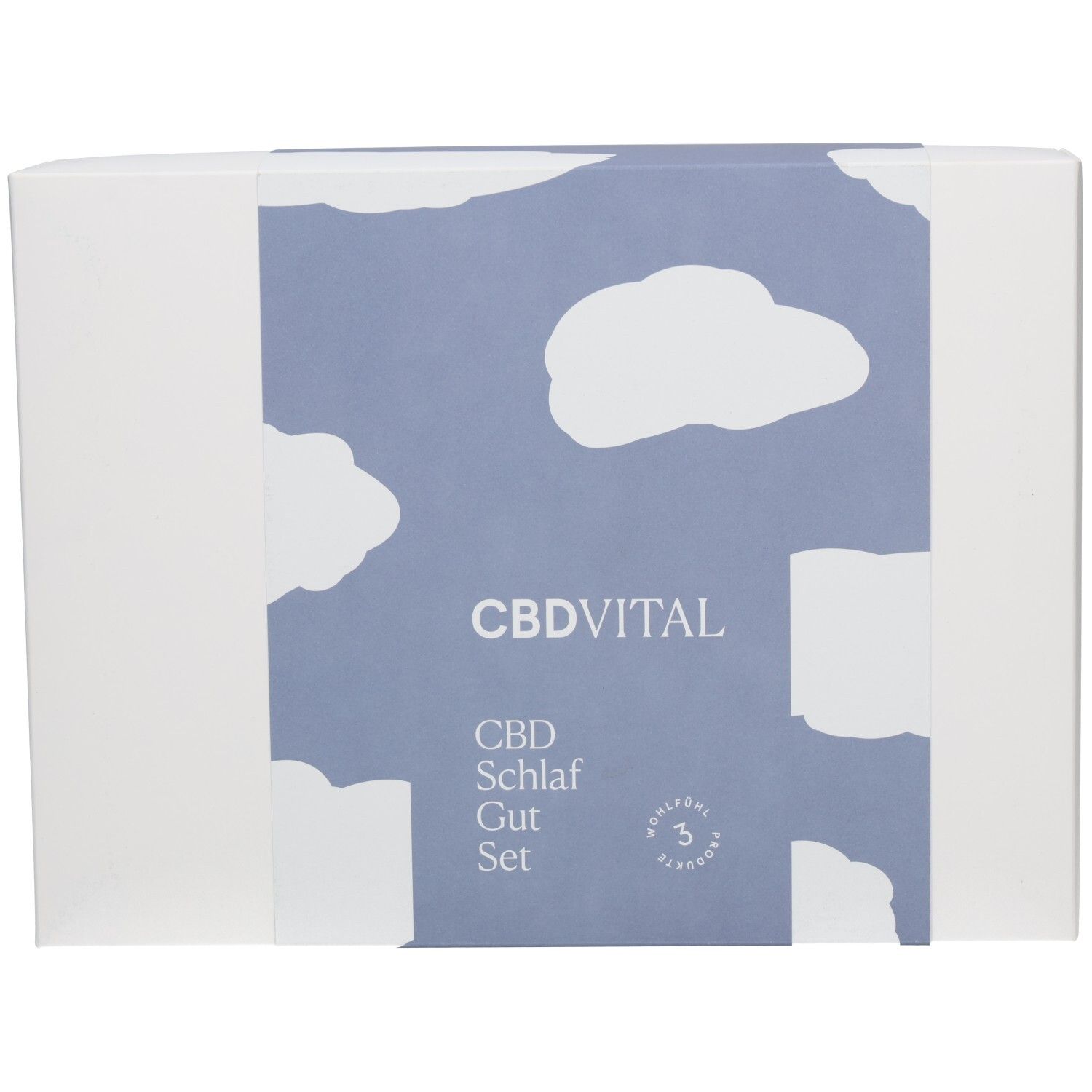 Verpackung des CBD VITAL Schlaf Gut Geschenk-Sets mit Wolkenmuster.