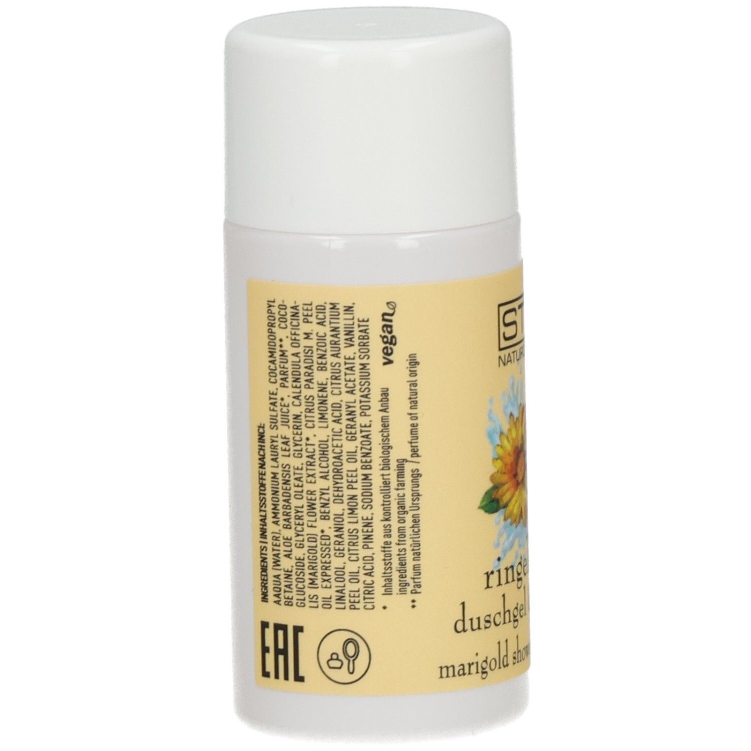 Rückseite der STYX Ringelblume Duschgel & Shampoo Flasche mit Inhaltsstoffangaben und Siegeln.