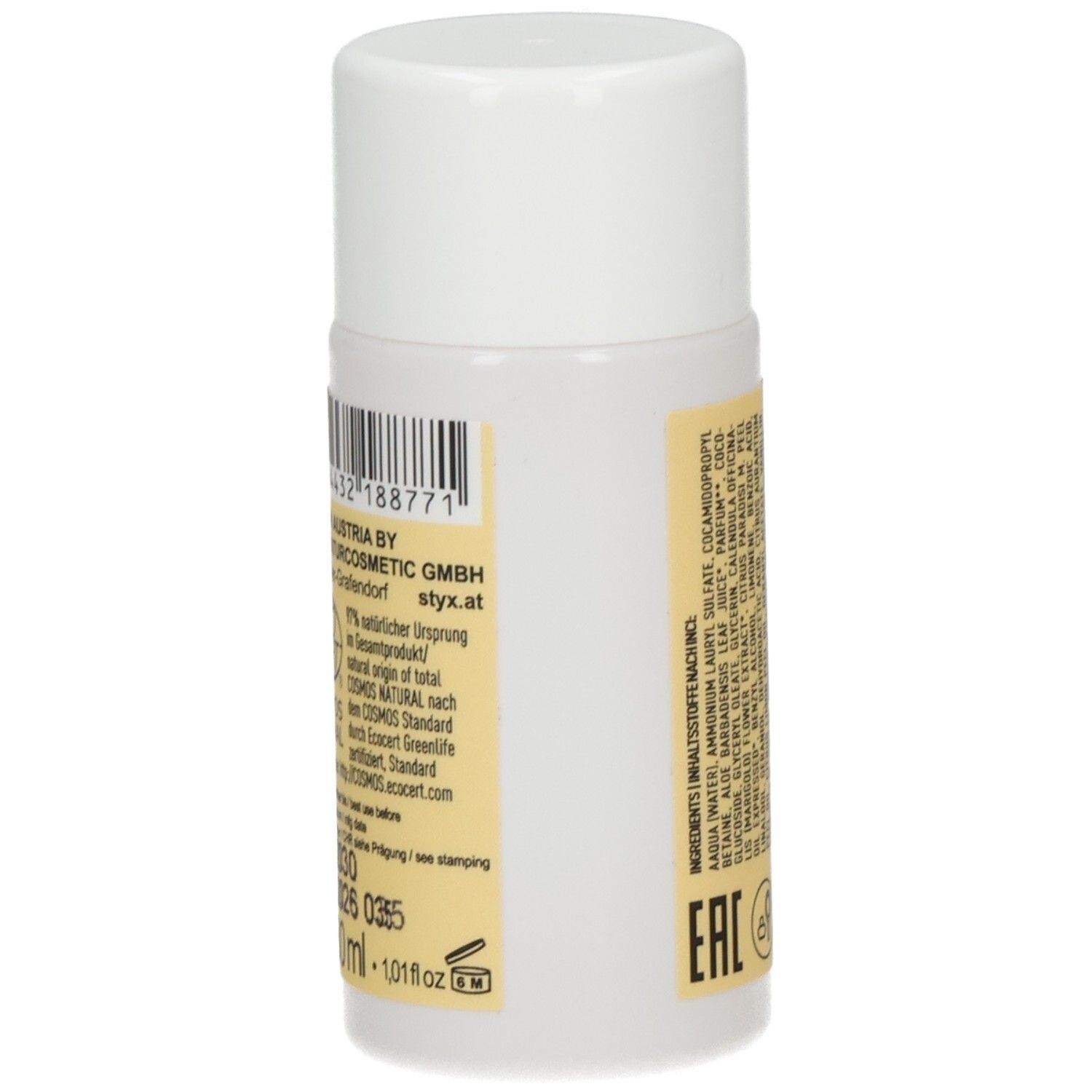 Seitenansicht der STYX Ringelblume Duschgel & Shampoo Flasche mit Herstellungsangaben und Barcode.
