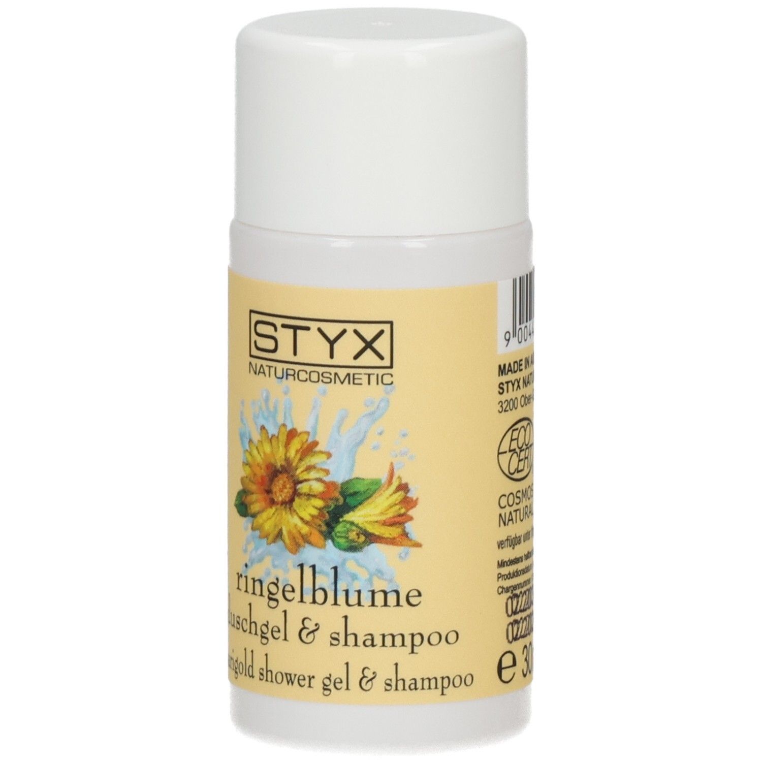 STYX Ringelblume Duschgel & Shampoo Flasche mit weißem Deckel, gelbem Etikett und ECO CERT Siegel.