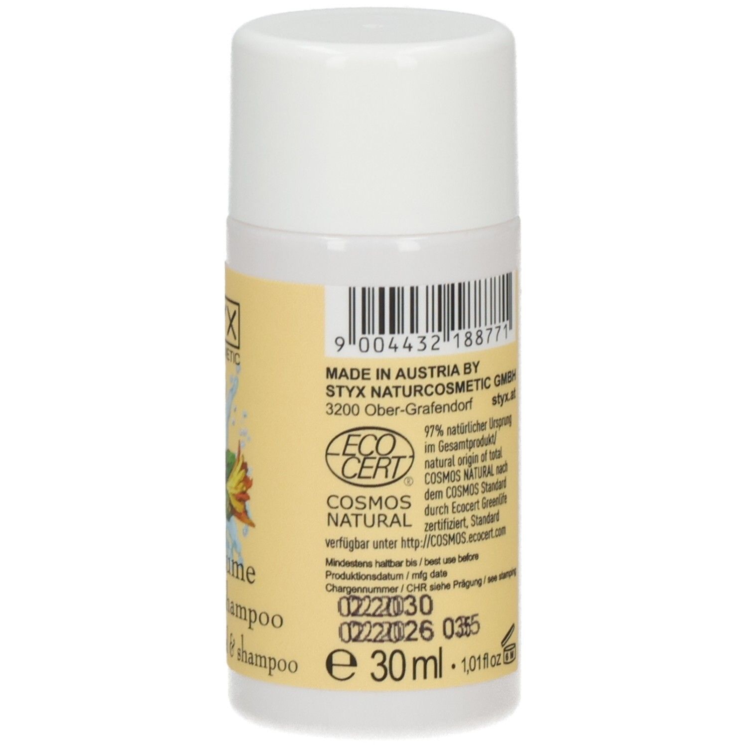 Rückseite der STYX Ringelblume Duschgel & Shampoo Flasche mit ECO CERT Siegel und Volumenangabe.