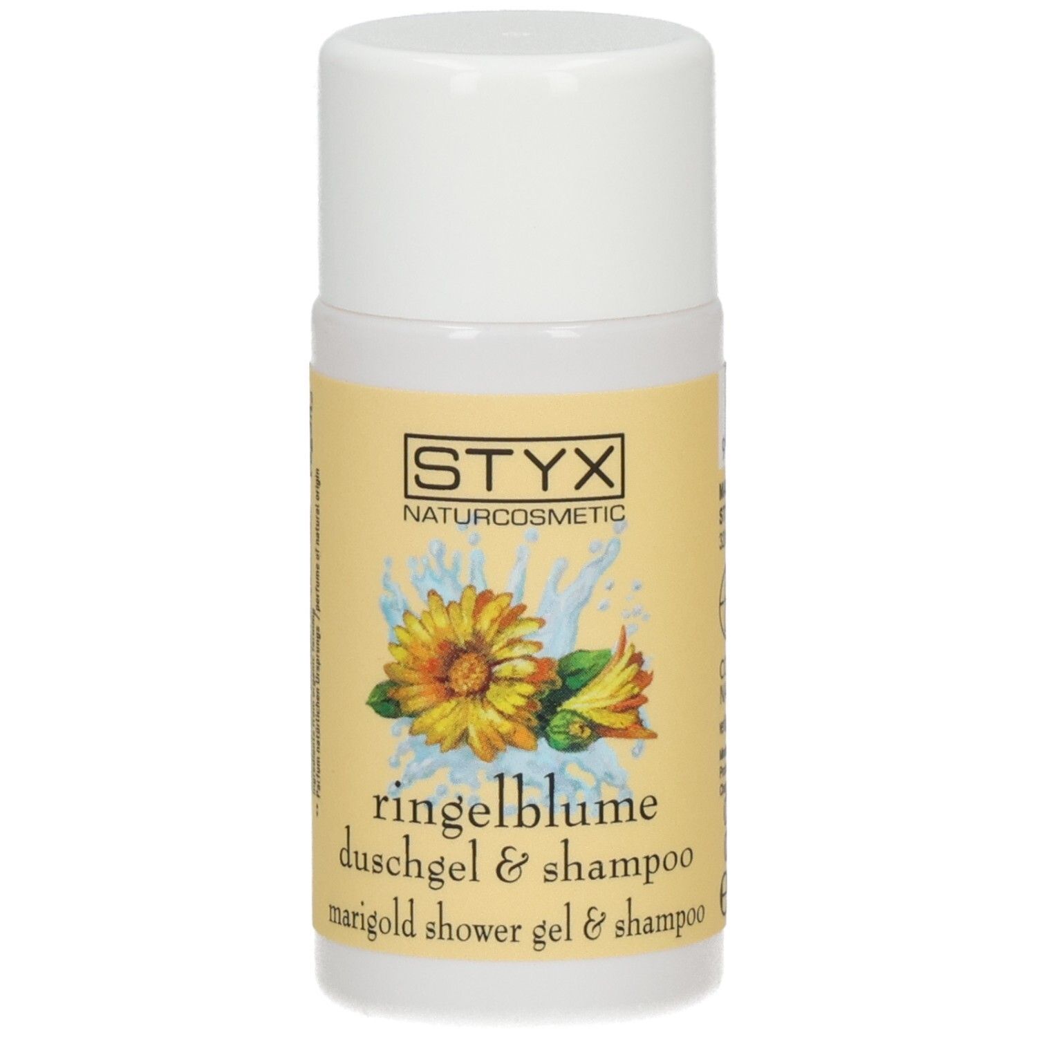 STYX Ringelblume Duschgel & Shampoo Flasche mit weißem Deckel und gelbem Etikett mit Blumenmotiv.