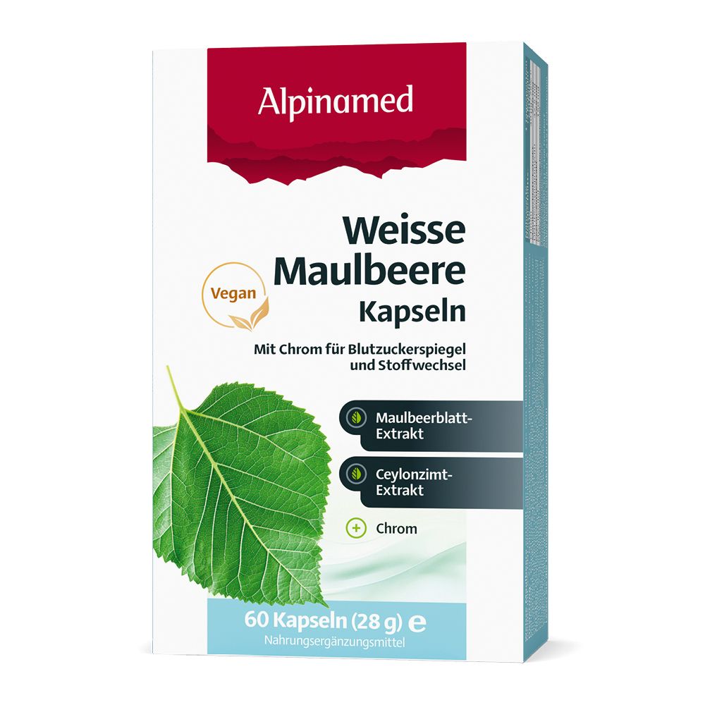 Alpinamed Weiße Maulbeere Kapseln: 60 Kapseln, vegan, mit Maulbeerblatt-Extrakt, Ceylonzimt-Extrakt und Chrom.