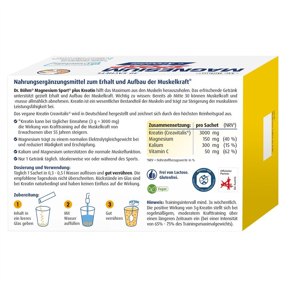 Rückseite der Dr. Böhm Magnesium Sport + Kreatin Packung mit Nährwertangaben und Anwendungshinweisen.