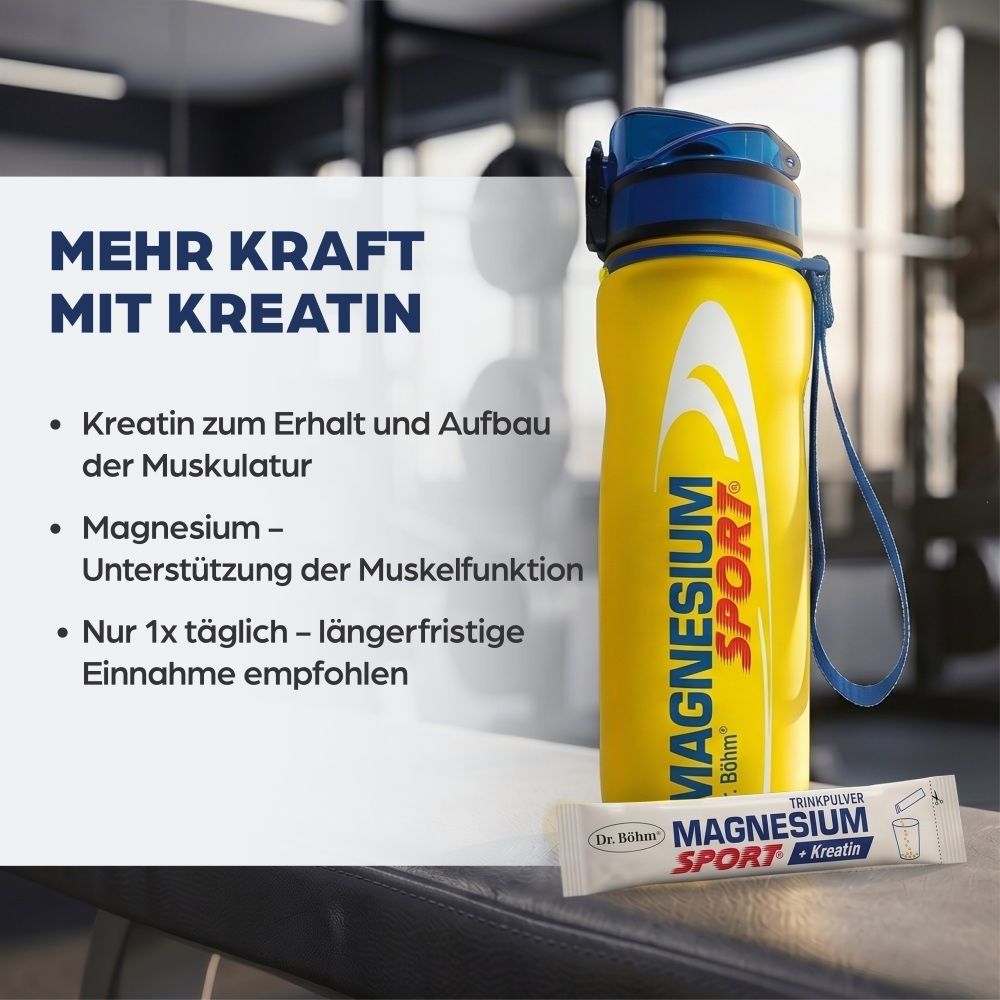 Gelbe Trinkflasche mit Magnesium Sport + Kreatin Aufdruck und einem Beutel des Produkts.