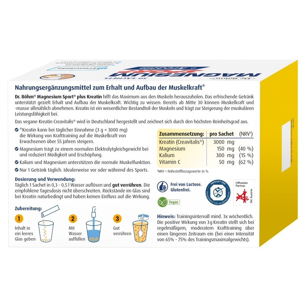 Rückseite der Packung Dr. Böhm Magnesium Sport + Kreatin mit Nährwertangaben und Anwendungshinweisen.