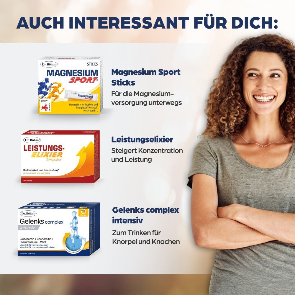 Drei Dr. Böhm Produkte: Magnesium Sport Sticks, Leistungs-Elixier, Gelenks complex intensiv.