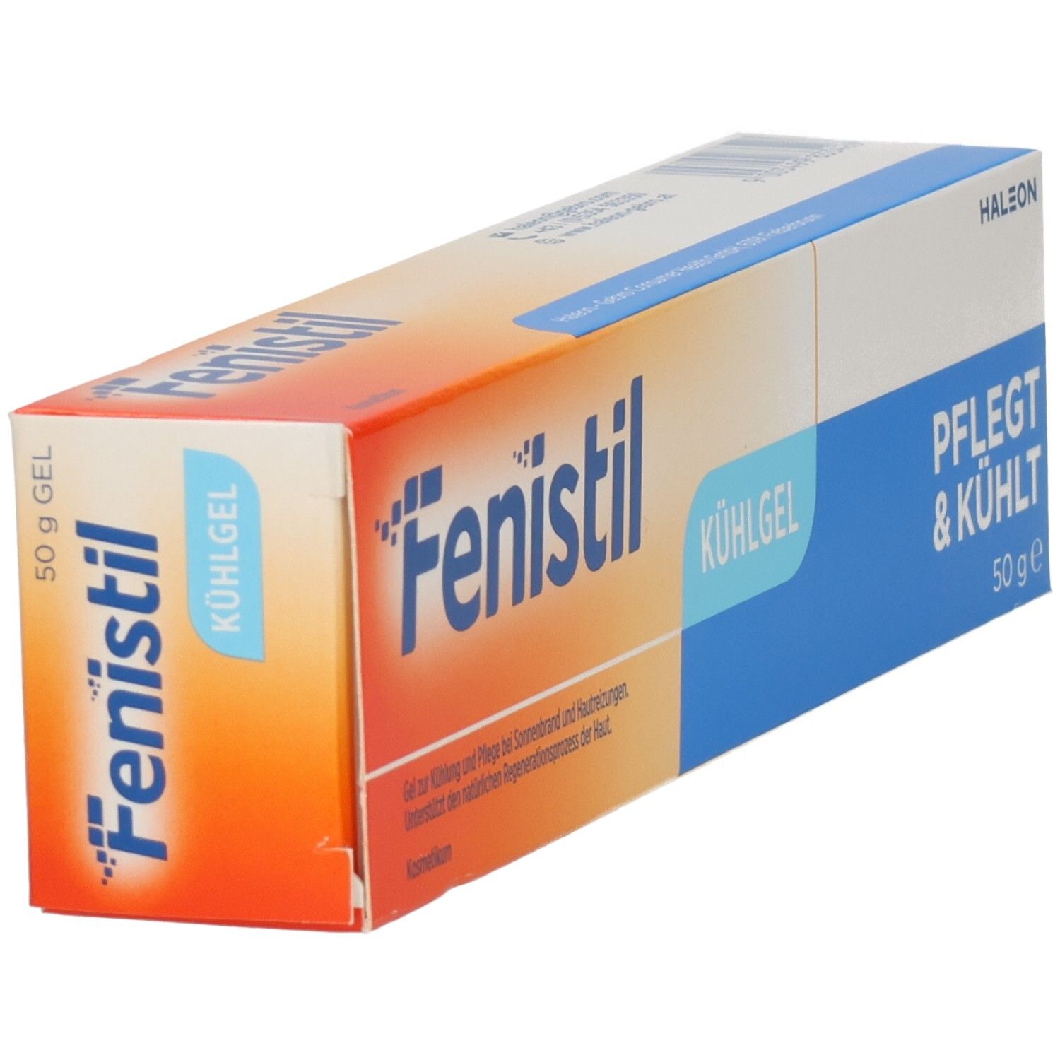Fenistil Kühlgel Tube, 50g. Vorderseite mit Produktinformationen und Markenschriftzug.
