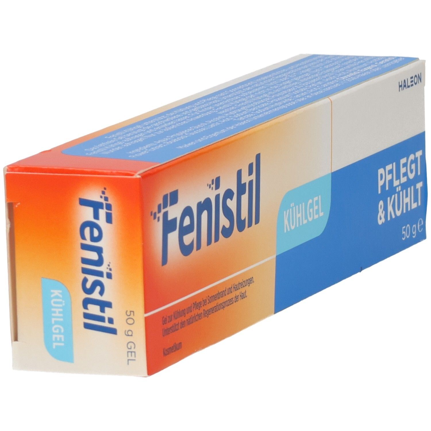 Fenistil Kühlgel Tube, 50g. Schrägansicht der Verpackung mit Markenschriftzug.