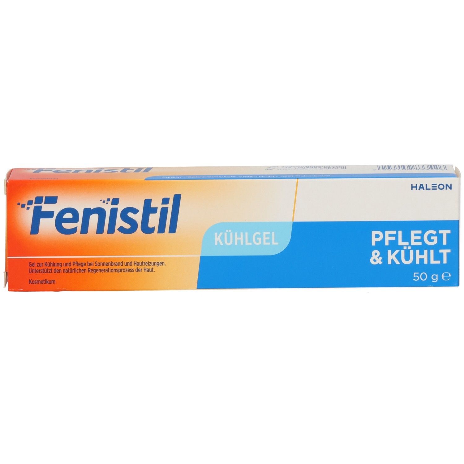 Fenistil Kühlgel Tube, 50g. Vorderseite mit Produktinformationen und Markenschriftzug.