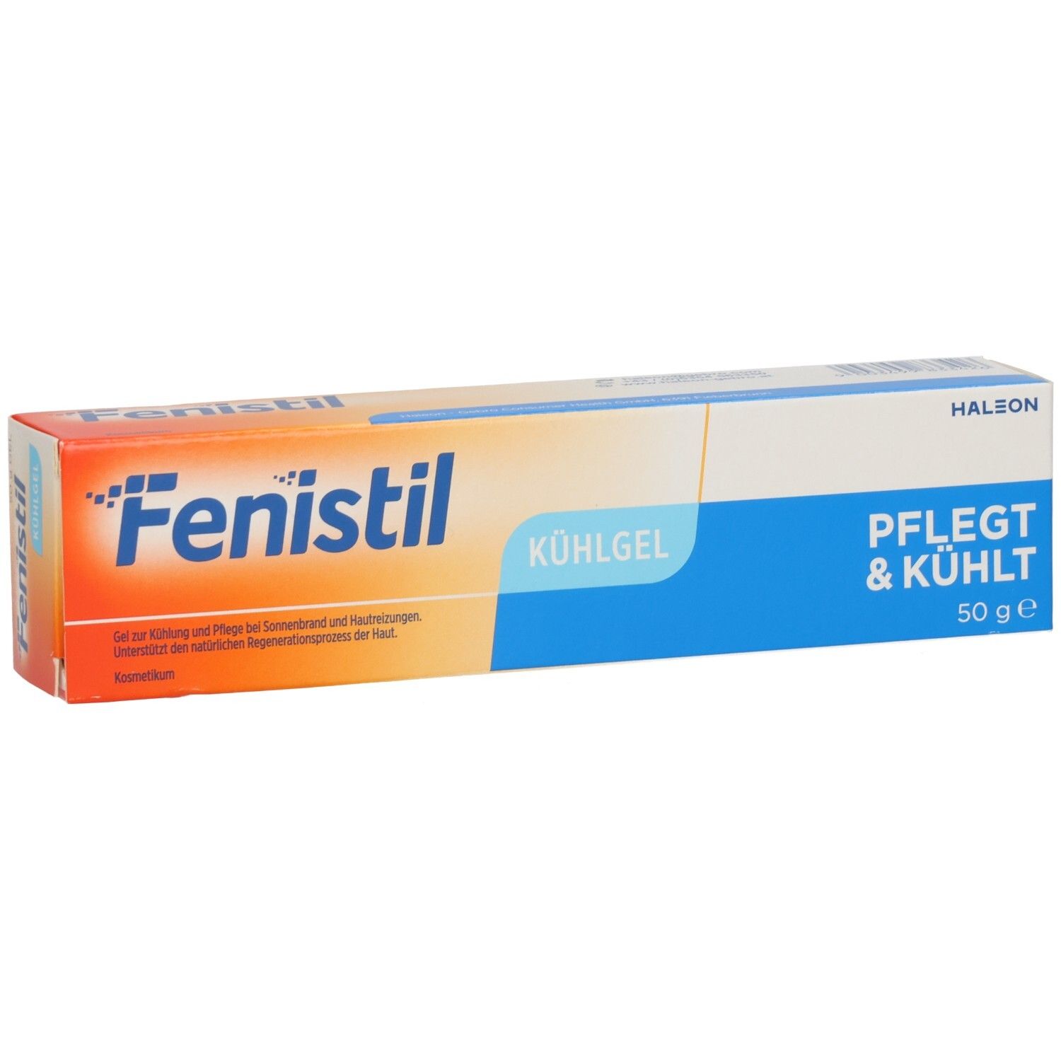 Fenistil Kühlgel Tube, 50g. Vorderseite mit Produktinformationen und Markenschriftzug.