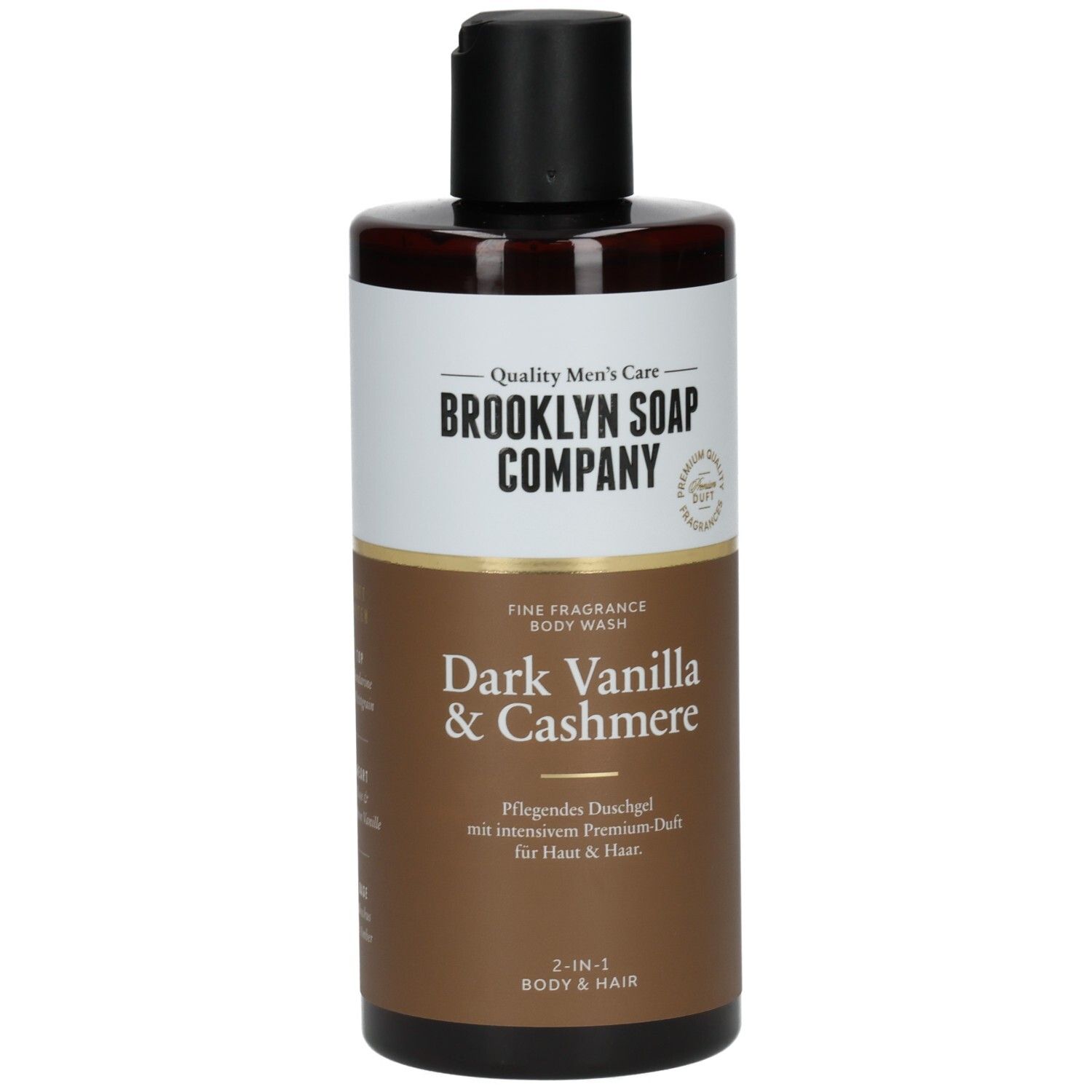 Brooklyn Soap Company Dark Vanilla & Cashmere 2-in-1 Body & Hair Duschgel in brauner Flasche mit schwarzem Klappverschluss.