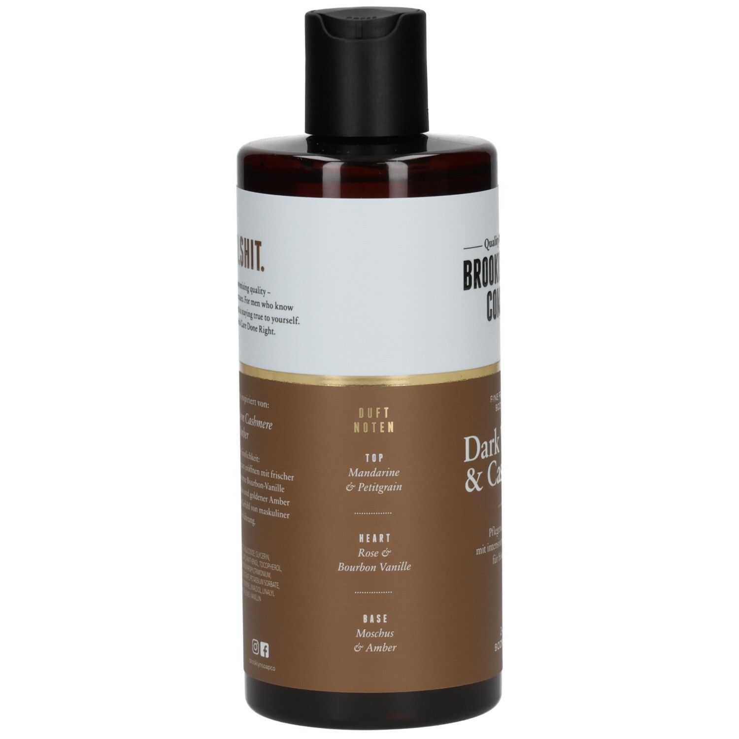 Rückseite der Brooklyn Soap Company Dark Vanilla & Cashmere Duschgel-Flasche mit Duftnoten.
