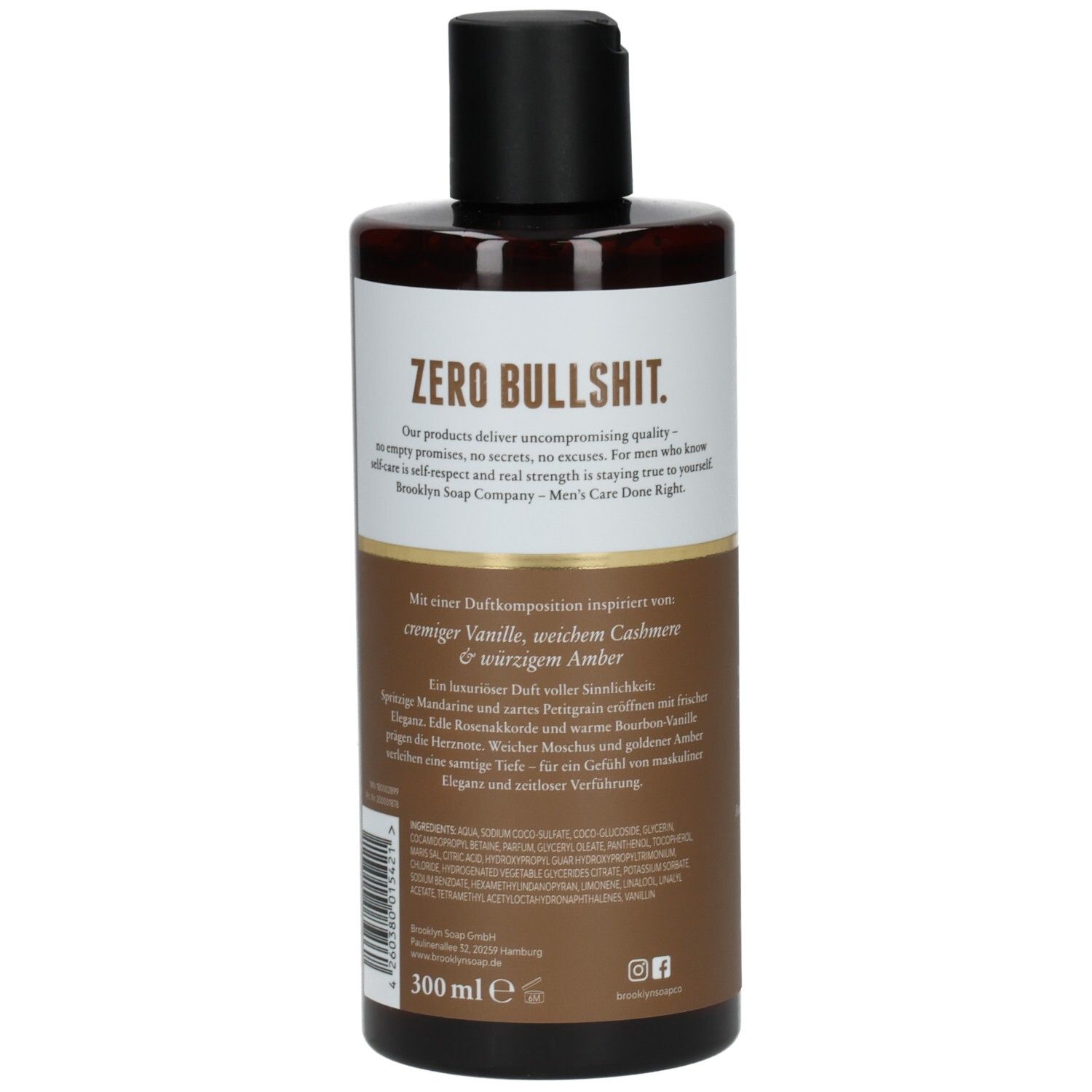 Rückseite der Brooklyn Soap Company Dark Vanilla & Cashmere Duschgel-Flasche mit Inhaltsangabe 300 ml.