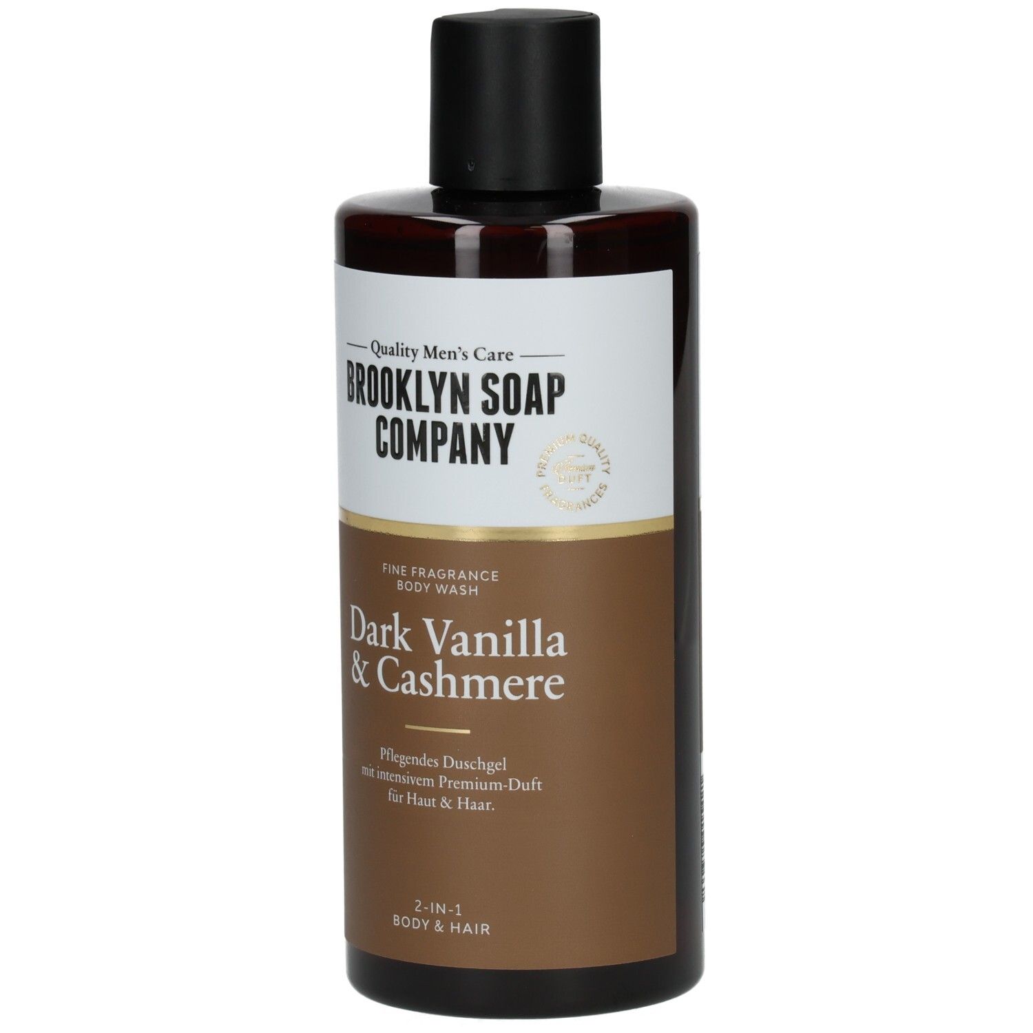 Brooklyn Soap Company Dark Vanilla & Cashmere 2-in-1 Body & Hair Duschgel in brauner Flasche mit schwarzem Klappverschluss.