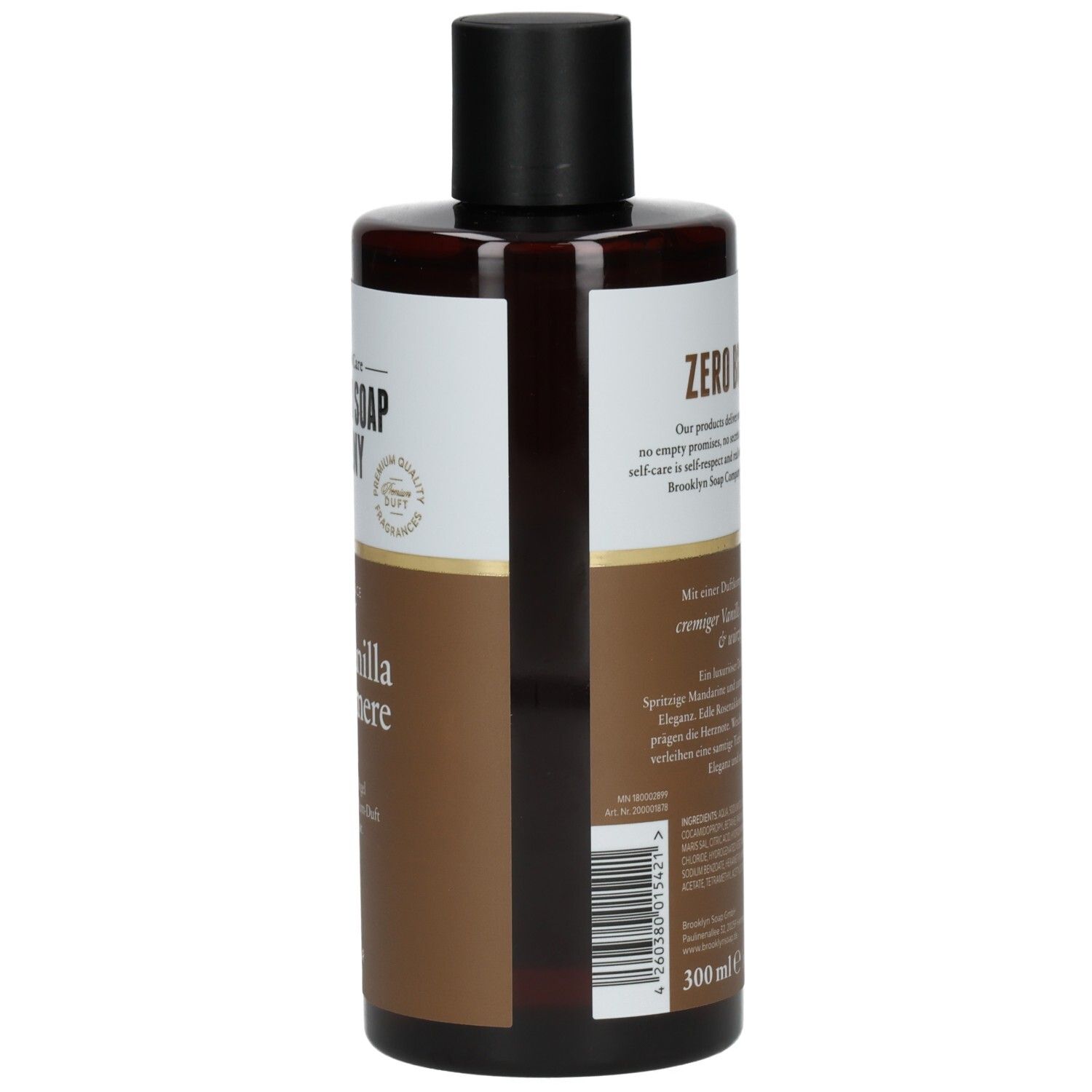 Seitenansicht der Brooklyn Soap Company Dark Vanilla & Cashmere Duschgel-Flasche mit Barcode.