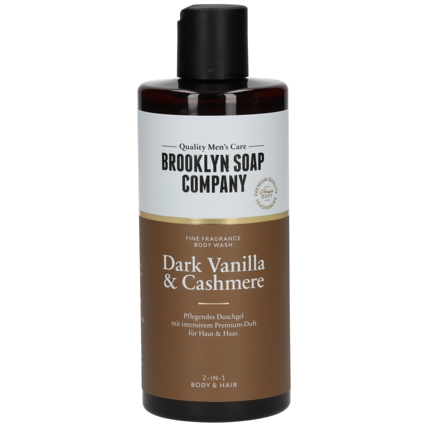 Brooklyn Soap Company Dark Vanilla & Cashmere 2-in-1 Body & Hair Duschgel in brauner Flasche mit schwarzem Klappverschluss.