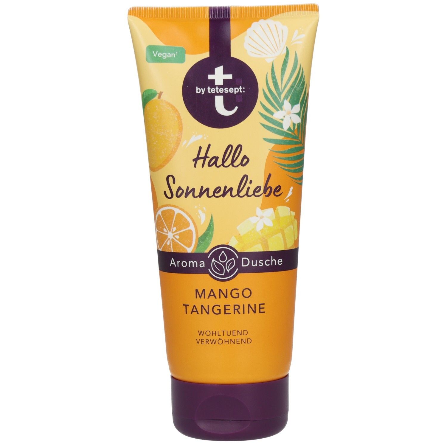 Tubenverpackung mit Mango-Tangerine-Duschgel. "Hallo Sonnenliebe" Aufschrift, "Vegan" Siegel.
