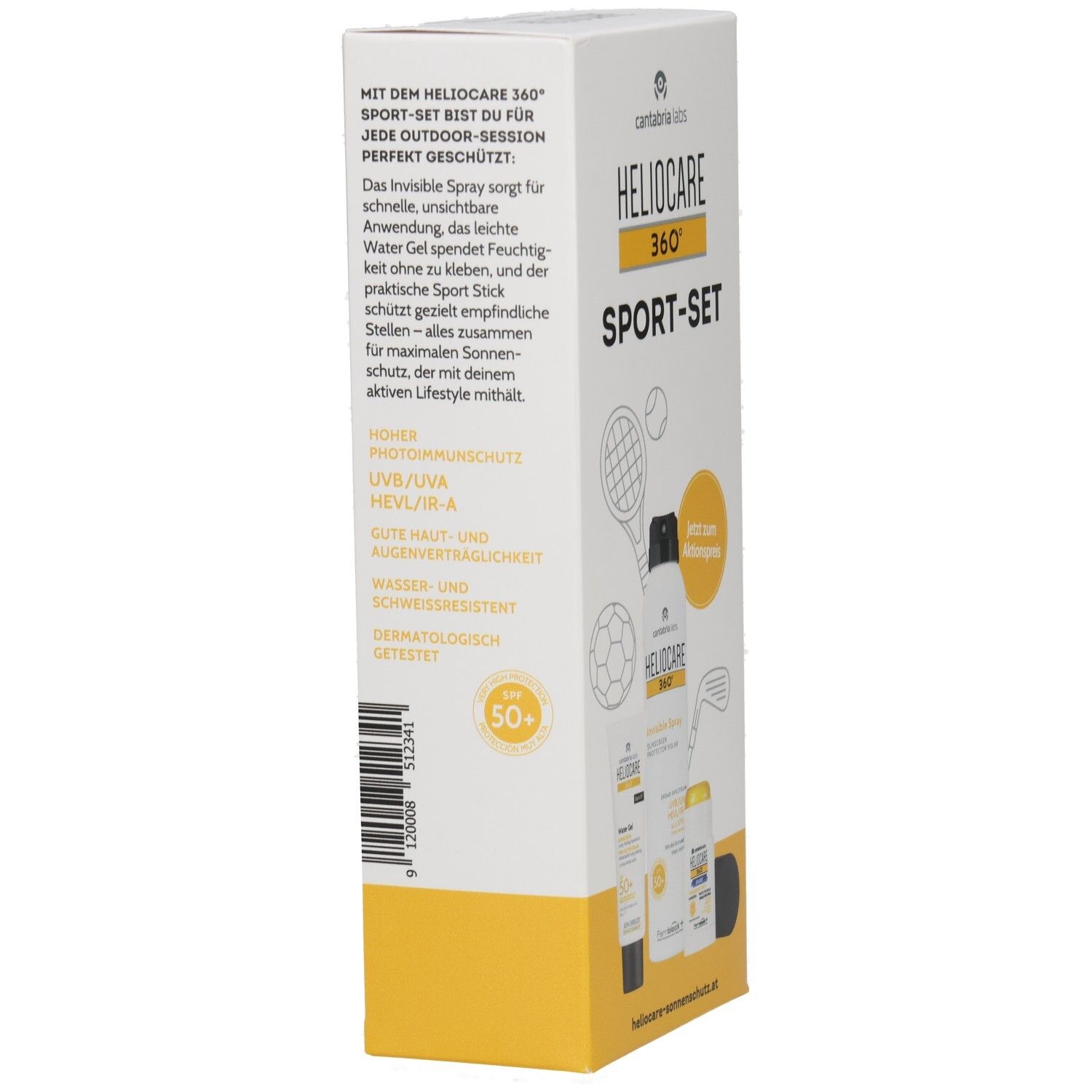 Rückseite der HELIOCARE 360° SPORT-SET Verpackung mit Produktinformationen und Sonnenschutzfaktor 50+.