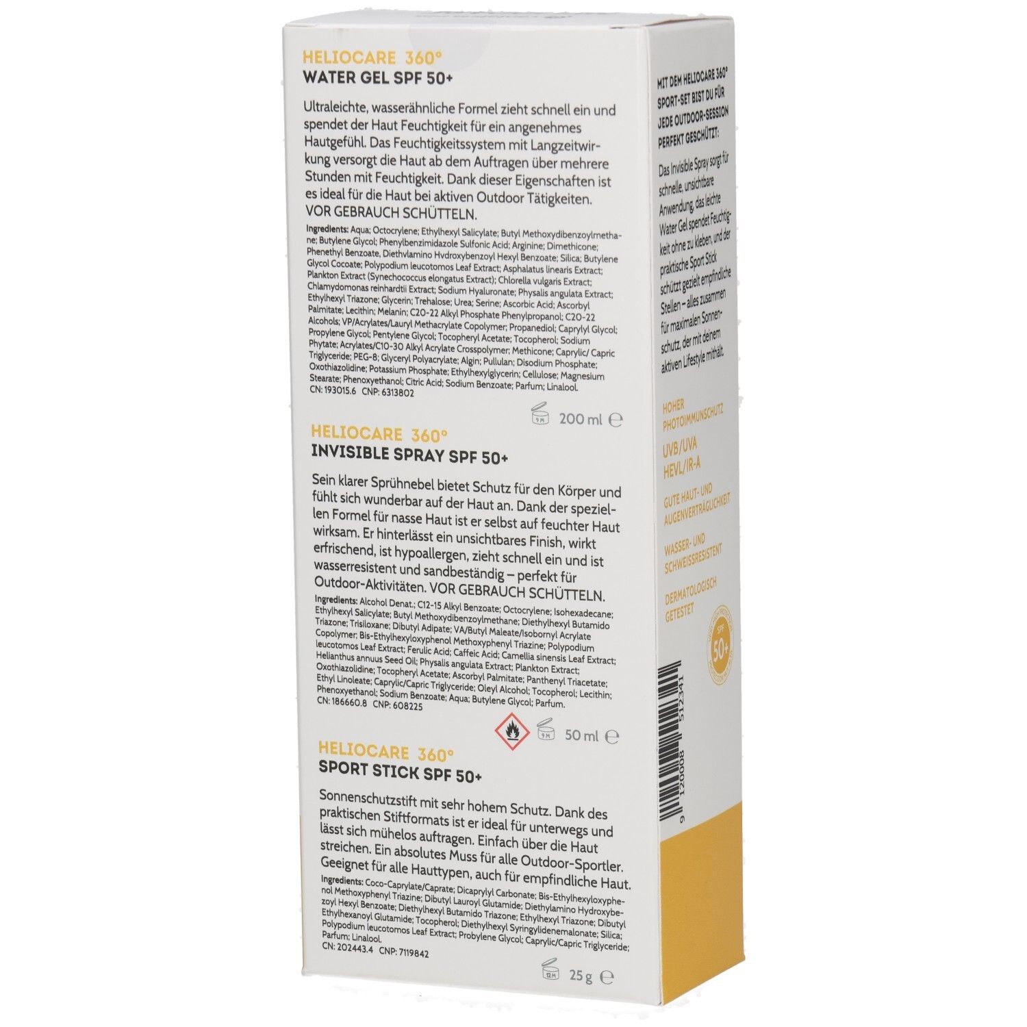 Seitenansicht der HELIOCARE 360° SPORT-SET Verpackung mit Details zu Water Gel, Invisible Spray und Sport Stick.