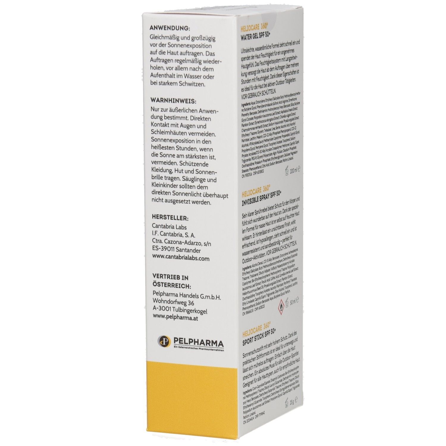 Seitenansicht der HELIOCARE 360° SPORT-SET Verpackung mit Anwendungshinweisen und Herstellerinformationen.