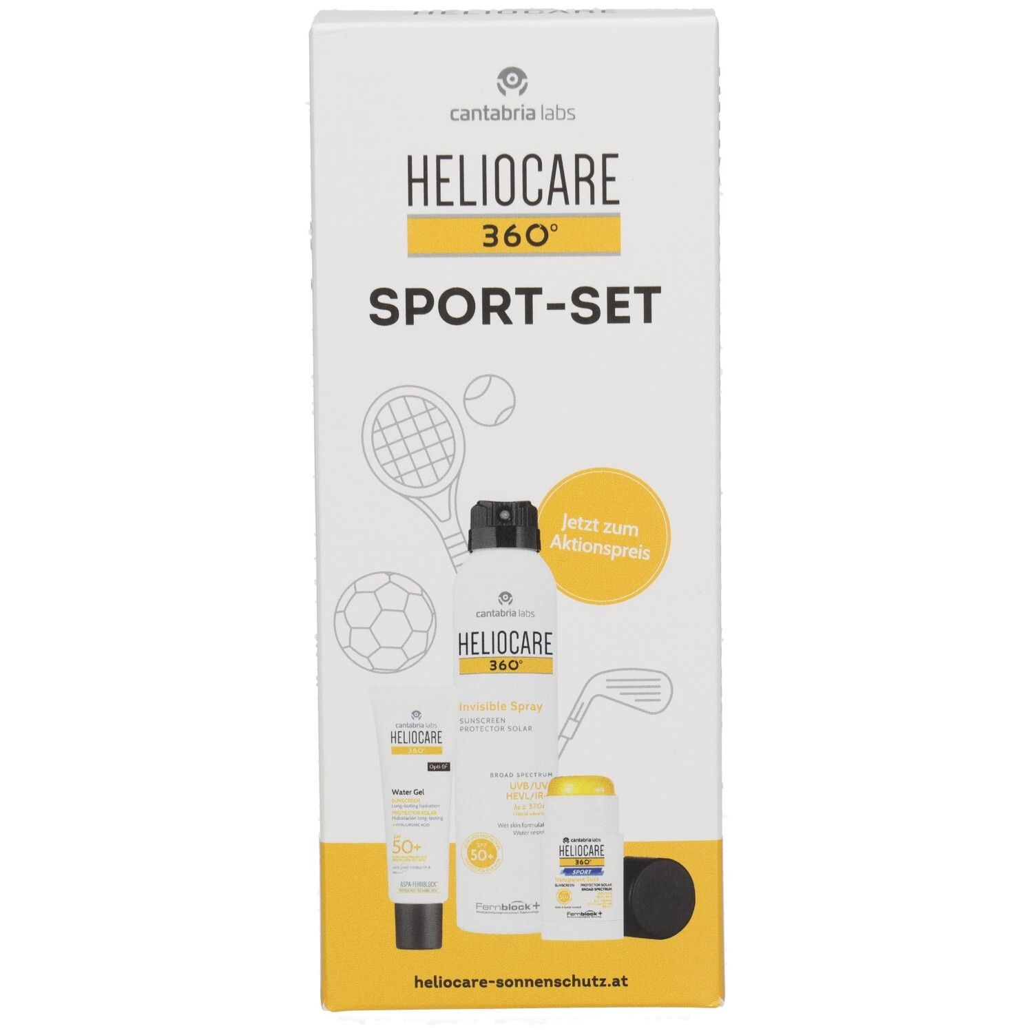 Vorderseite der HELIOCARE 360° SPORT-SET Verpackung mit Abbildungen von Sportgeräten und Produktabbildungen.