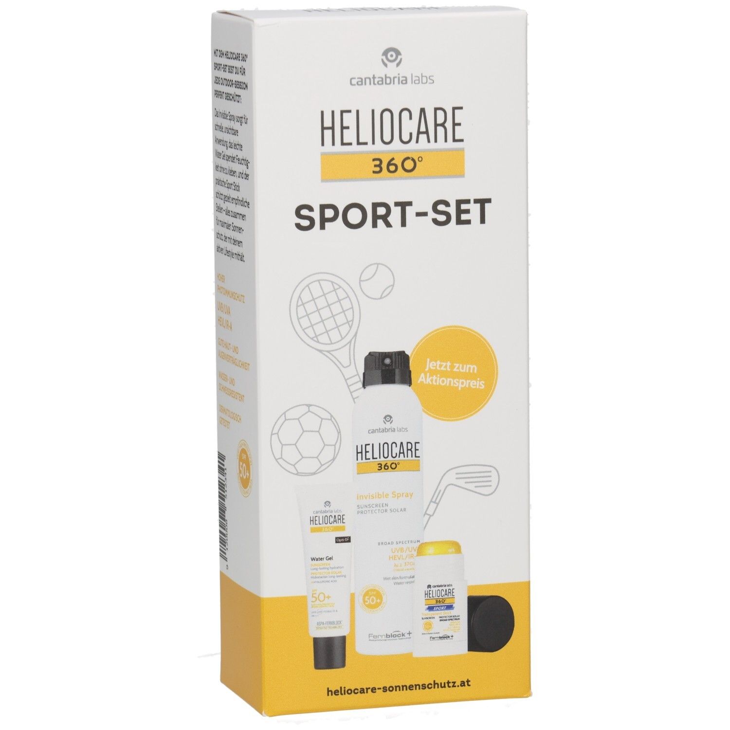 Vorderseite der HELIOCARE 360° SPORT-SET Verpackung, Fokus auf Produktabbildungen und Sportmotive.