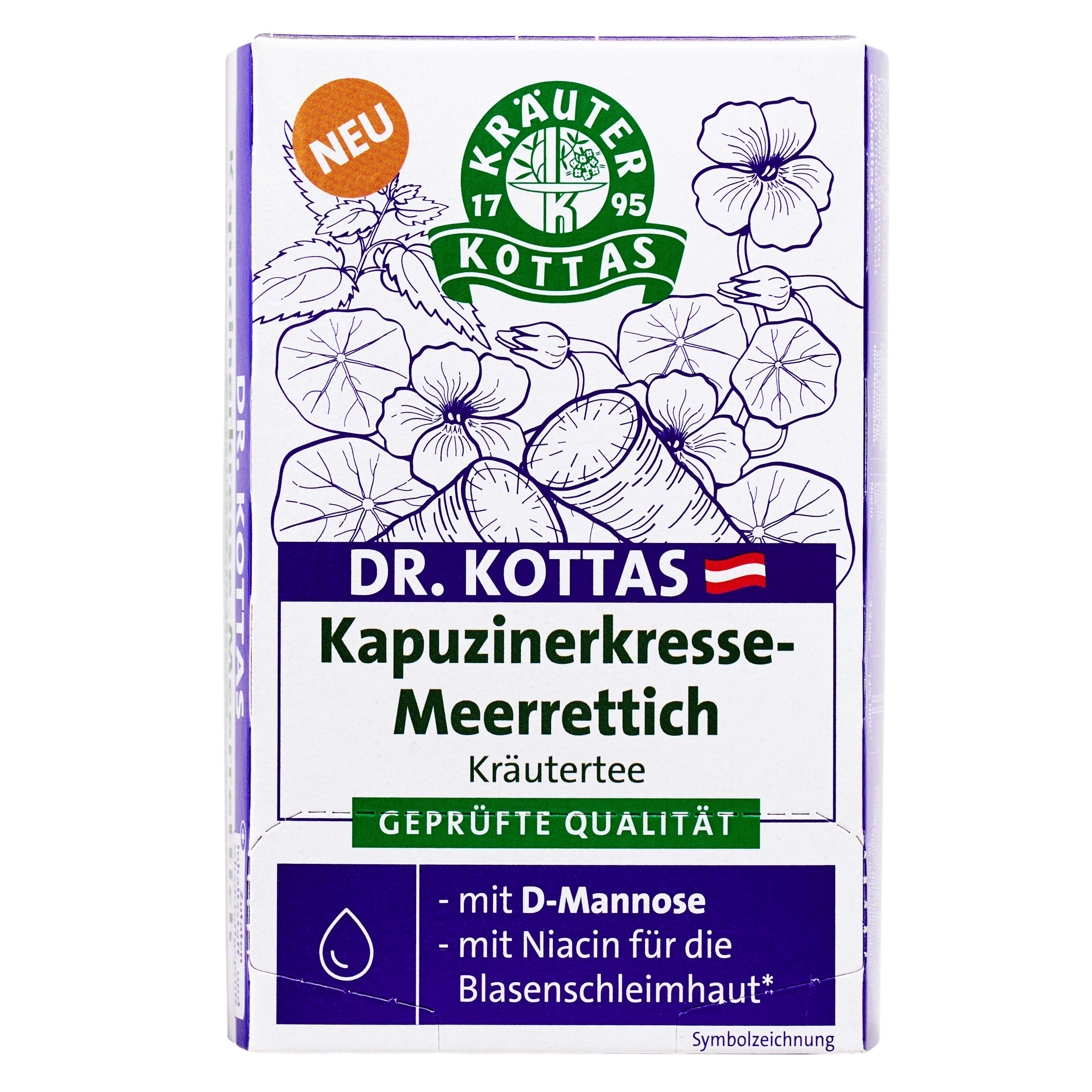 DR. KOTTAS Kapuzinerkresse-Meerrettich Kräutertee Packung mit Abbildung von Kapuzinerkresse und Meerrettich.