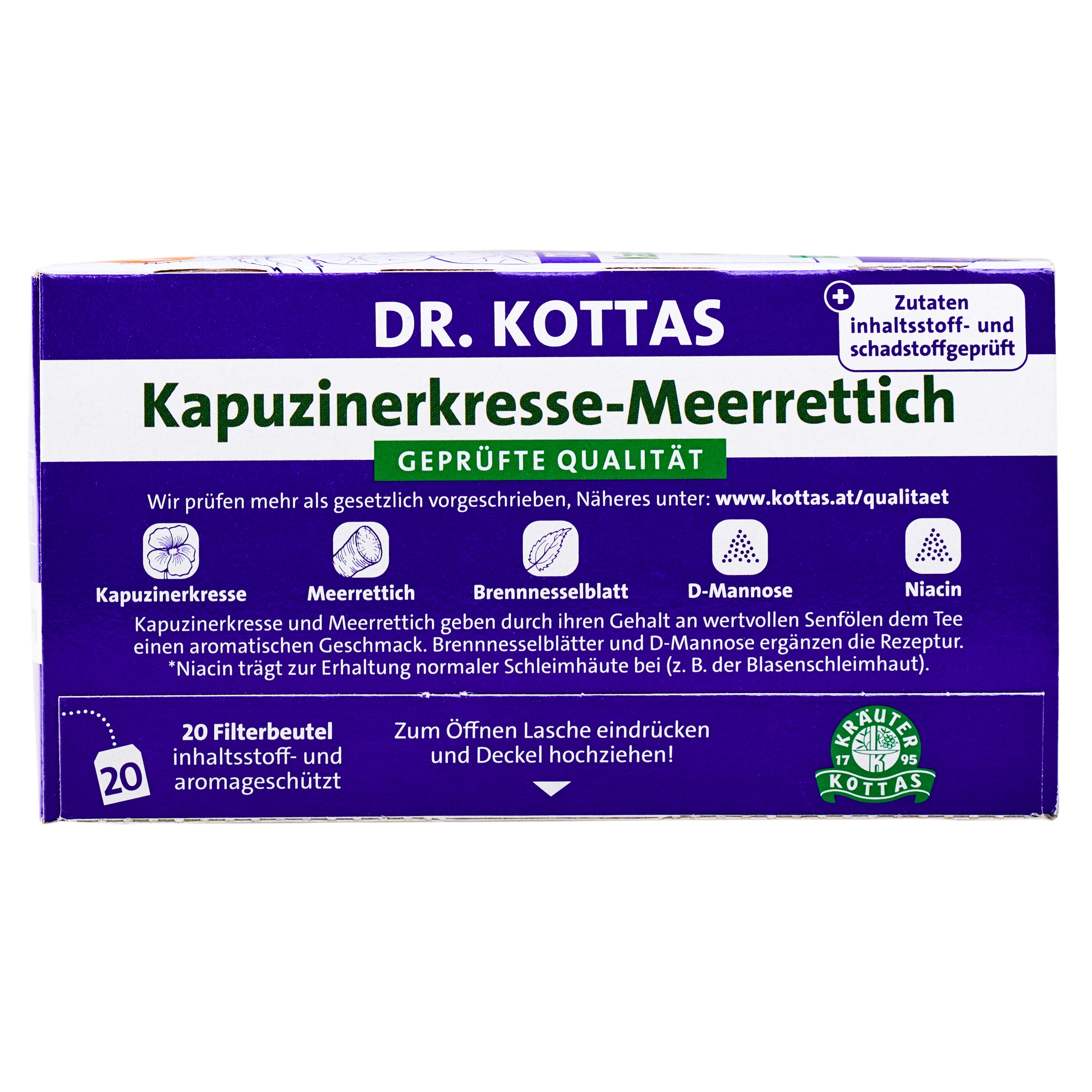 Rückseite der DR. KOTTAS Kapuzinerkresse-Meerrettich Kräutertee Packung mit Zutatenliste und 20 Filterbeuteln.