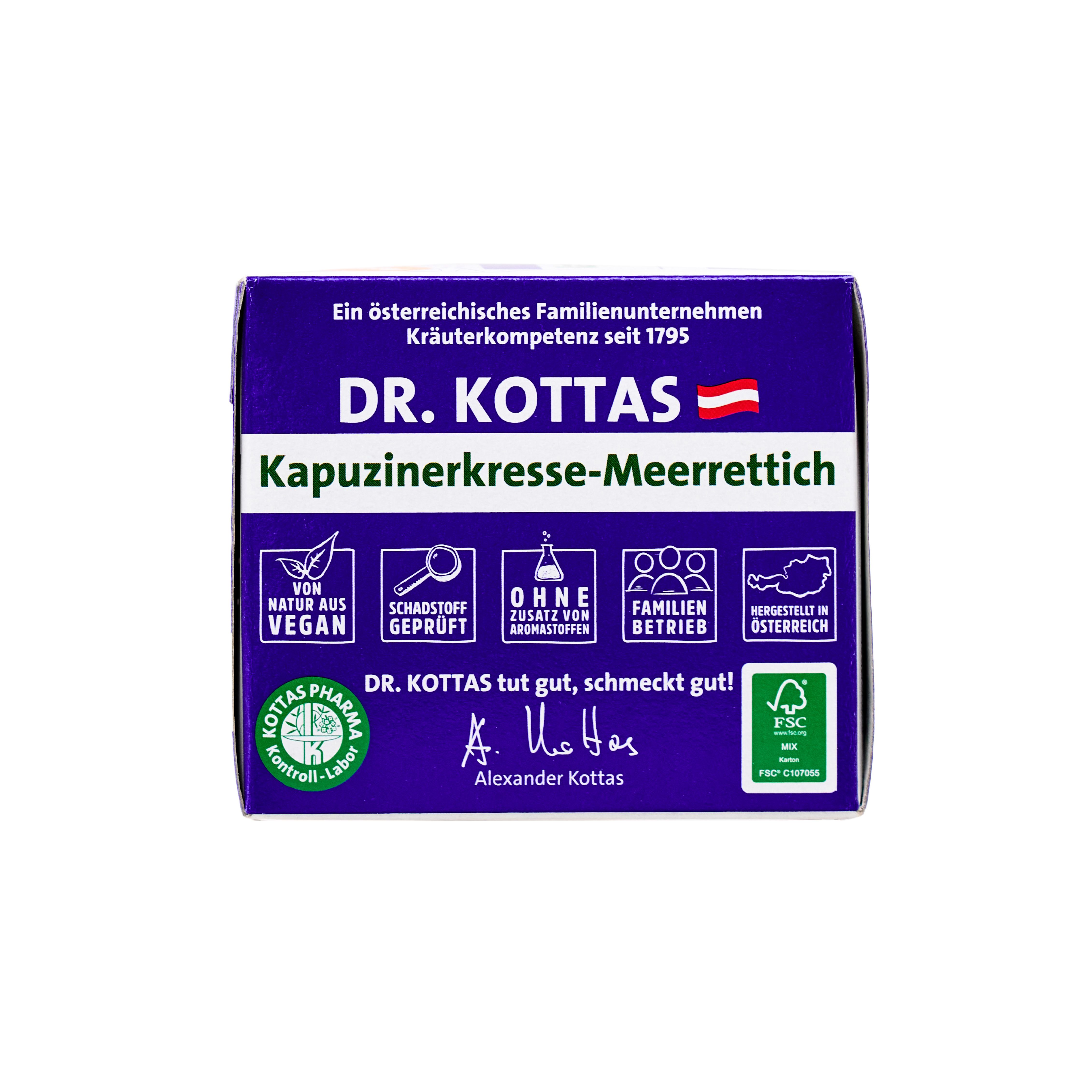 Seite der DR. KOTTAS Kapuzinerkresse-Meerrettich Packung mit Siegeln für vegan, schadstoffgeprüft und Familienbetrieb.