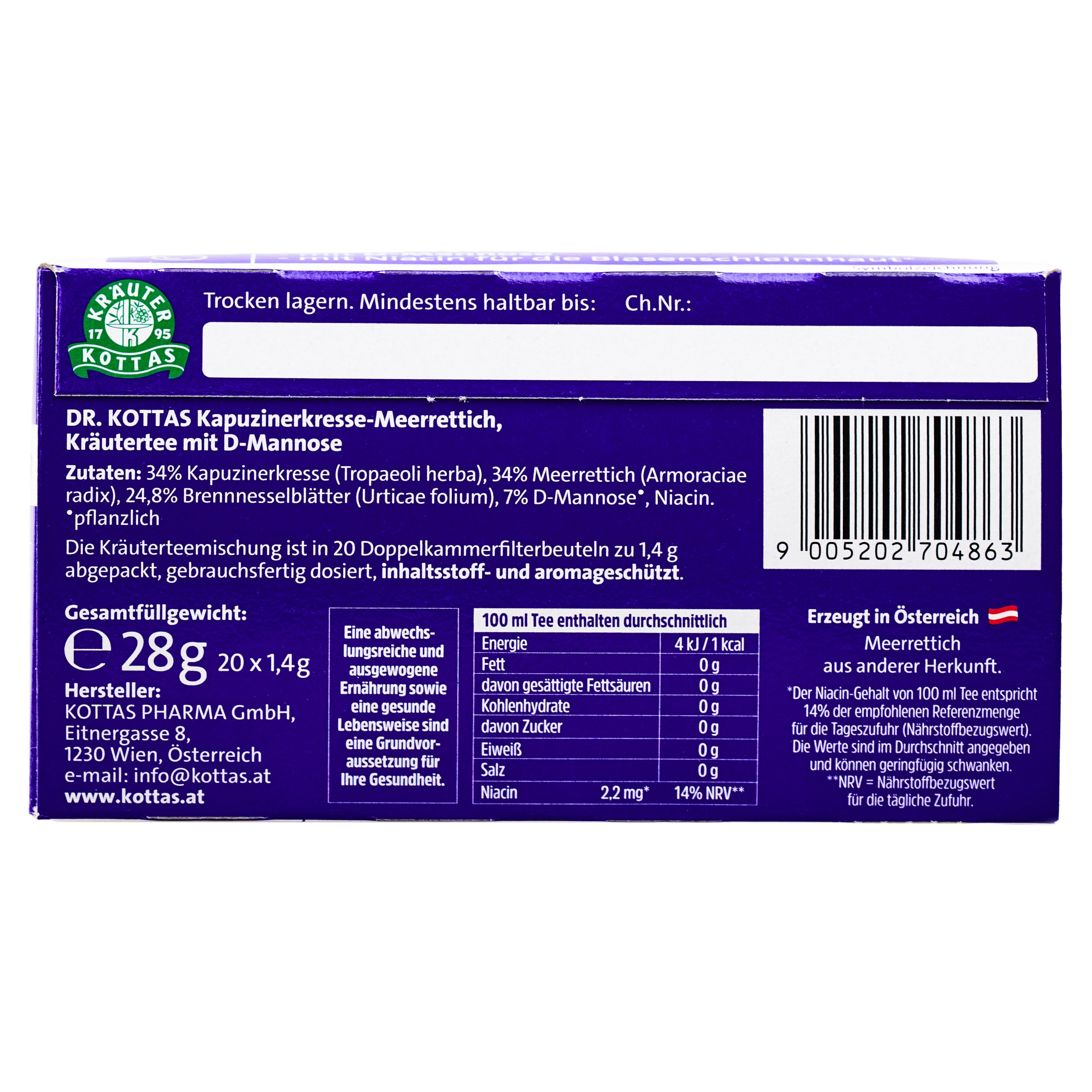 Seitenansicht der DR. KOTTAS Kapuzinerkresse-Meerrettich Kräutertee Packung mit Nährwertangaben und Barcode.