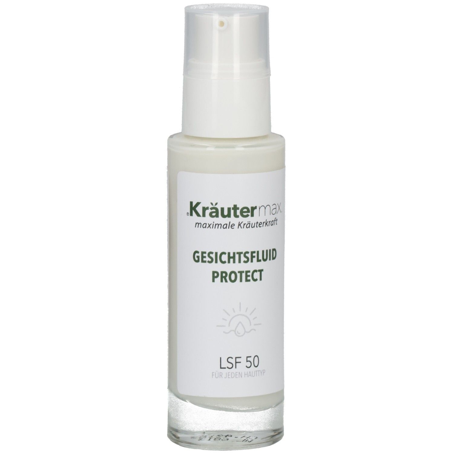 Kräutermax Gesichtsfluid Protect LSF 50 in weißer Pumpflasche.