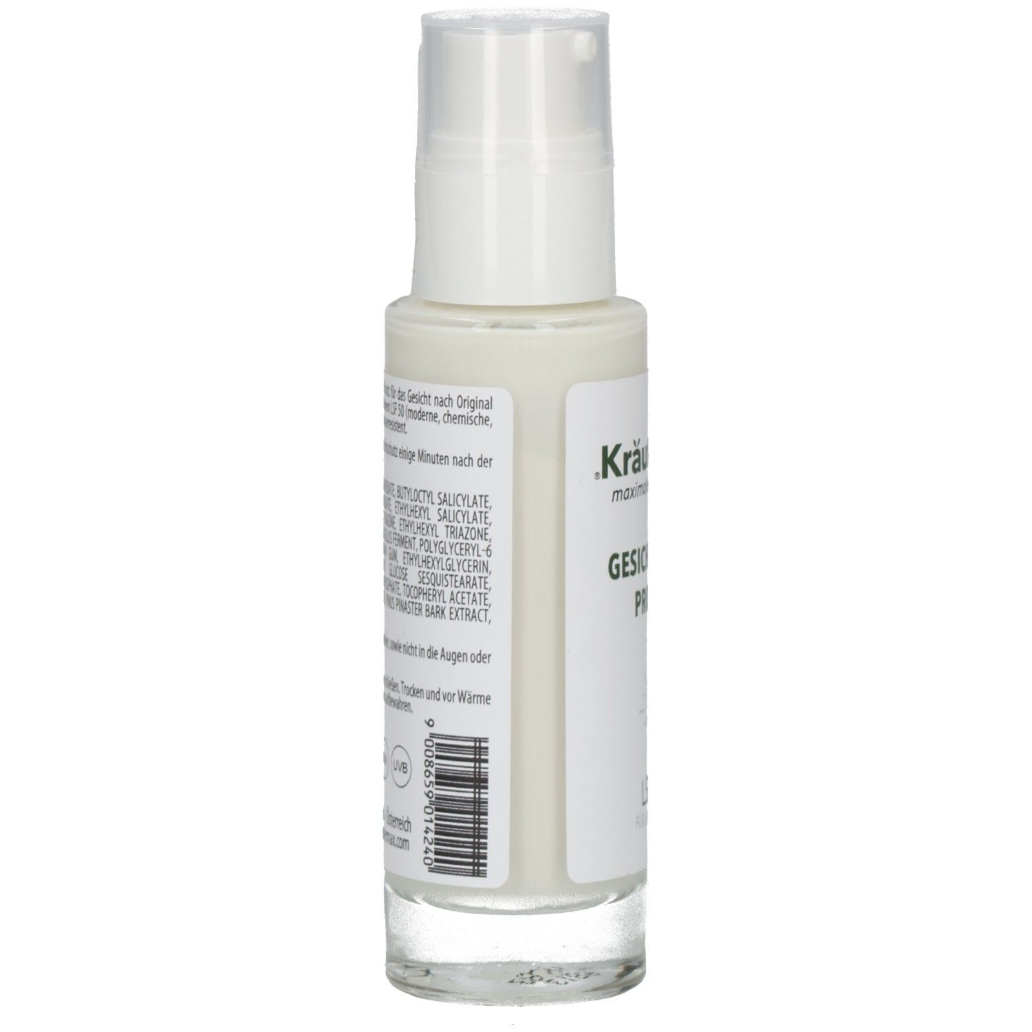 Rückseite der Kräutermax Gesichtsfluid Protect LSF 50 Flasche mit Inhaltsstoffen.