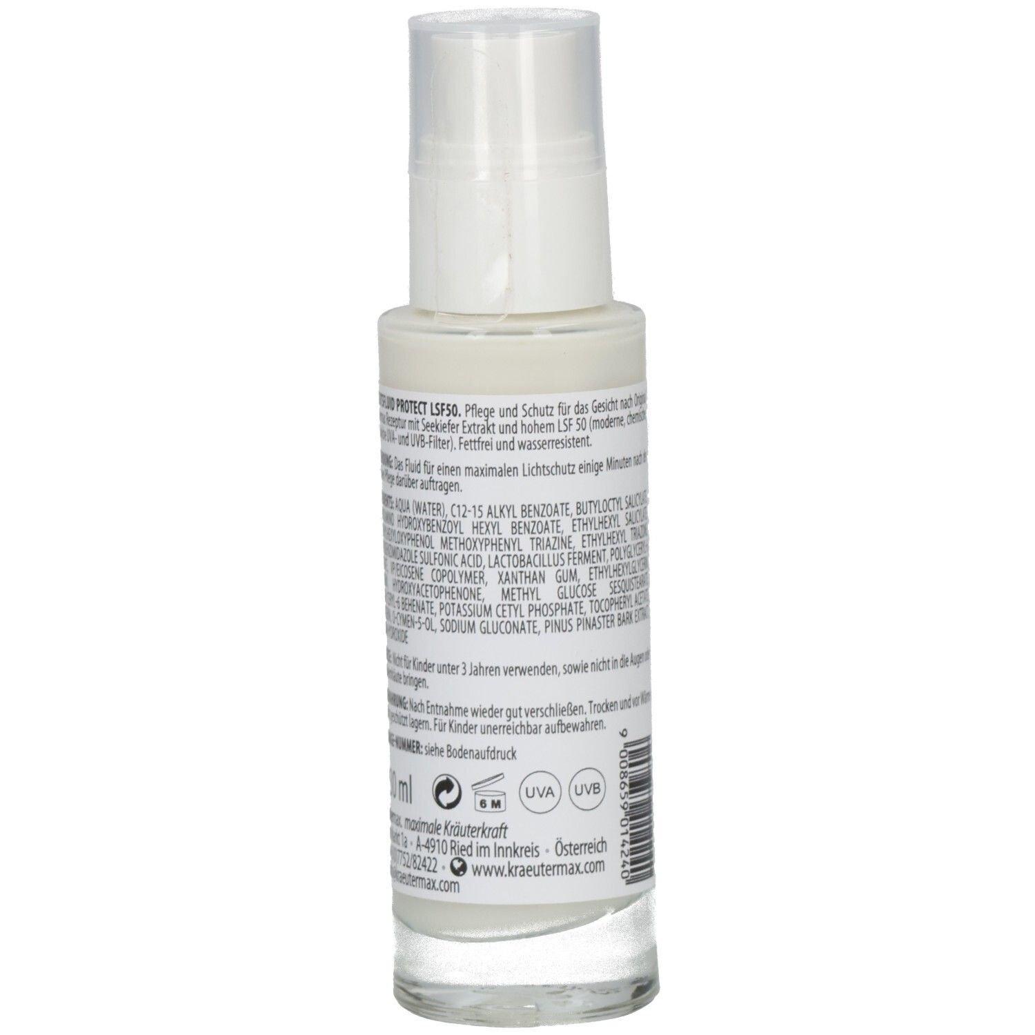 Seitenansicht der Kräutermax Gesichtsfluid Protect LSF 50 Flasche mit Inhaltsstoffen.