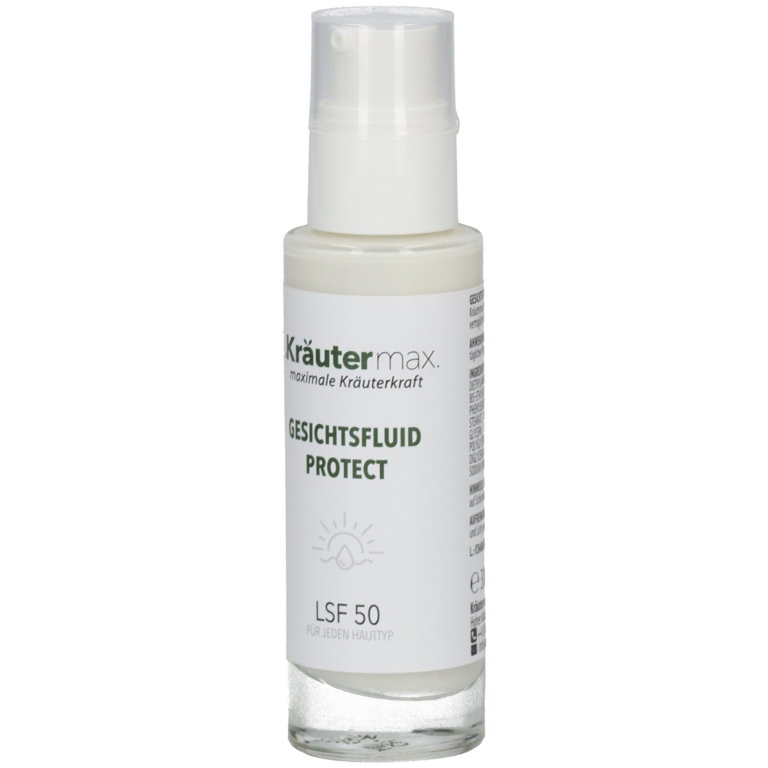 Kräutermax Gesichtsfluid Protect LSF 50 in weißer Pumpflasche, Vorderansicht.