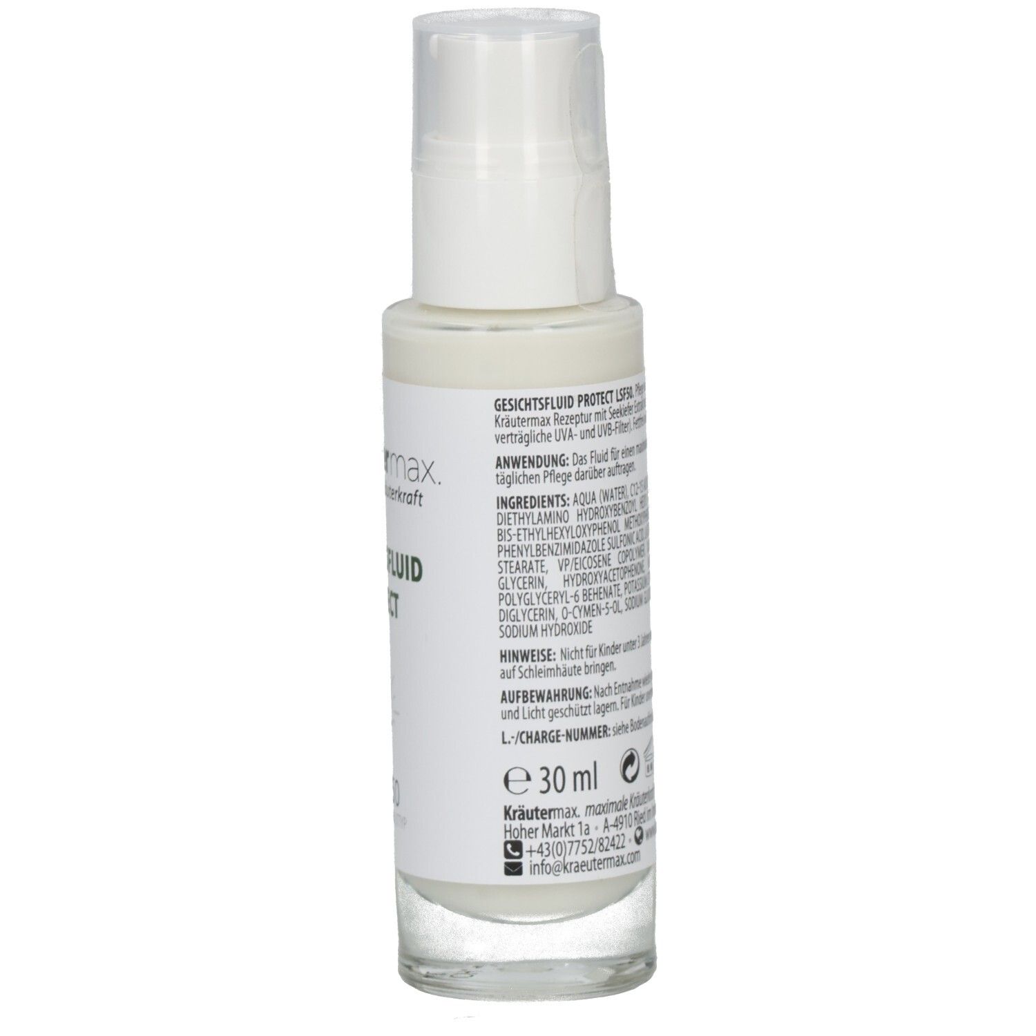 Seitenansicht der Kräutermax Gesichtsfluid Protect LSF 50 Flasche mit Mengenangabe.