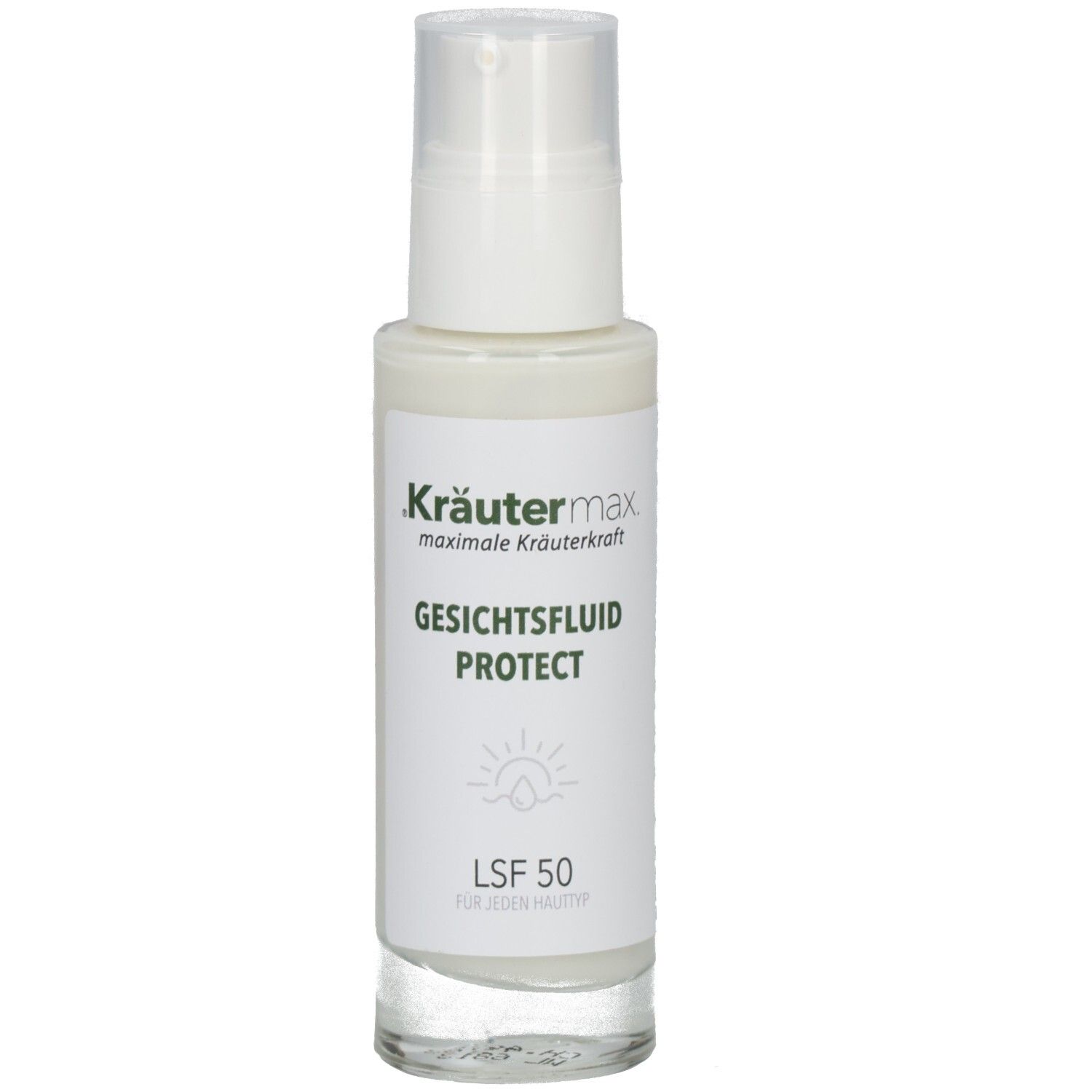 Kräutermax Gesichtsfluid Protect LSF 50 in weißer Pumpflasche, klare Basis.