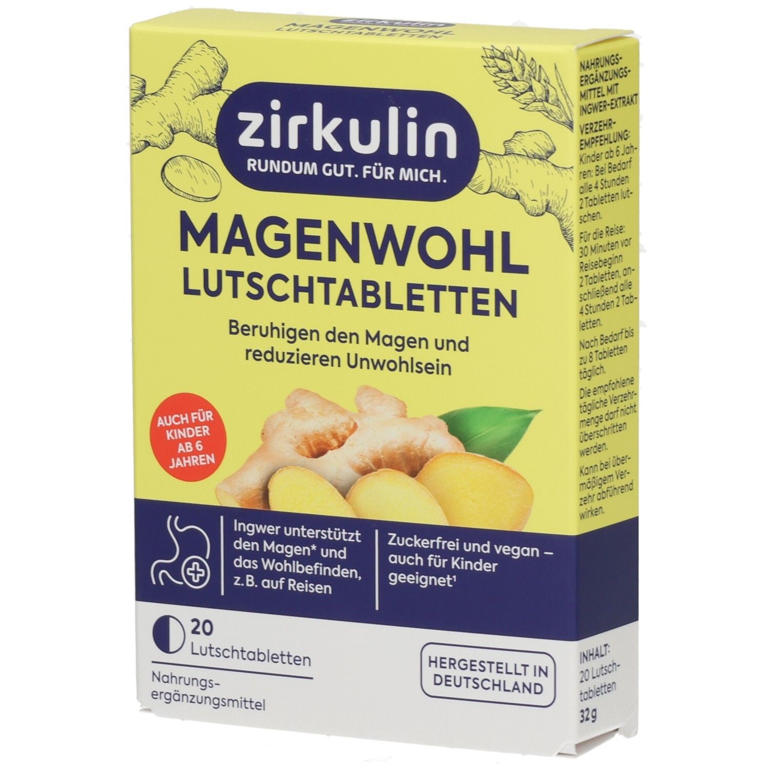 Zirkulin Magenwohl Lutschtabletten Packung mit Ingwerabbildung, 20 Stück.