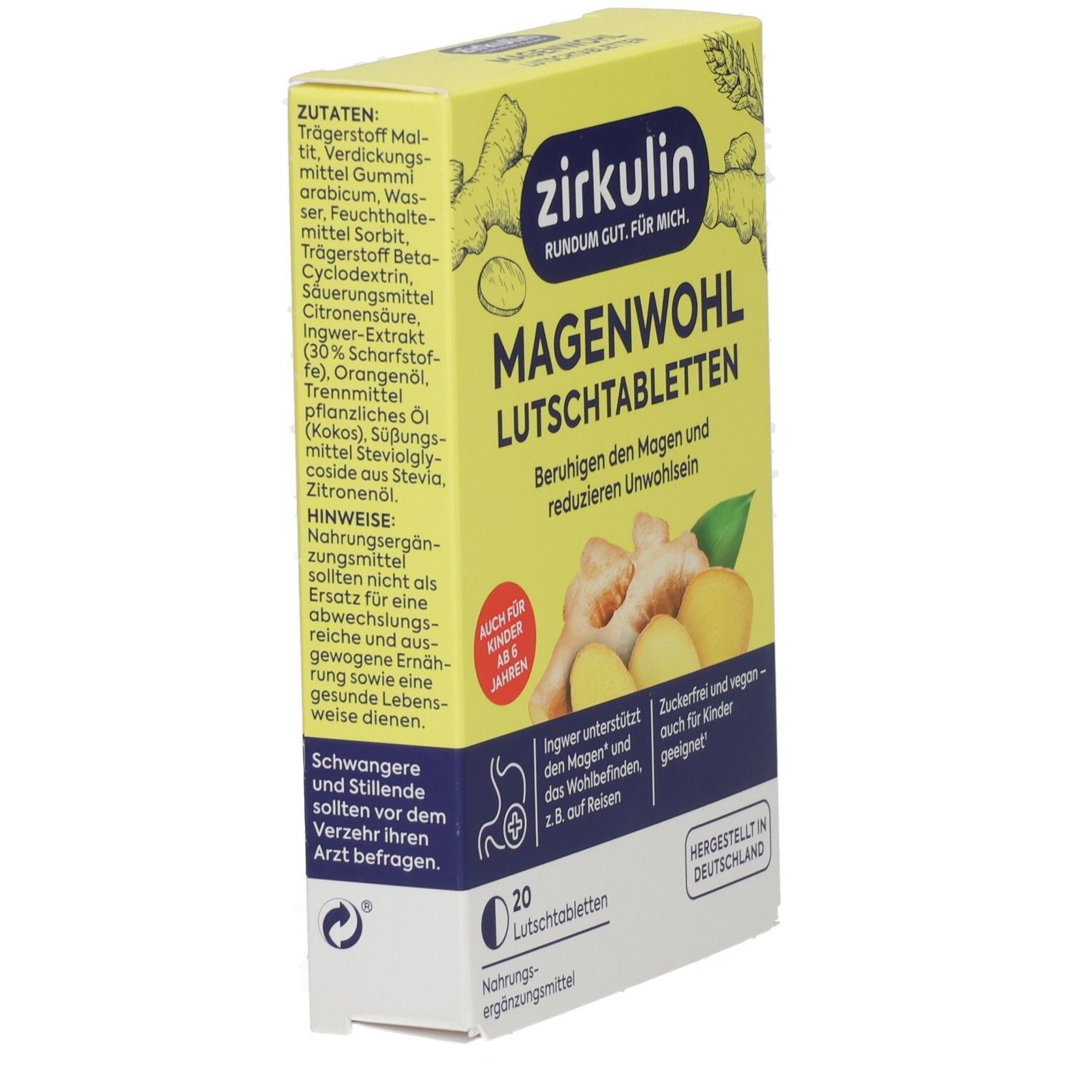 Zirkulin Magenwohl Lutschtabletten Packung, Seitenansicht mit Zutatenliste.
