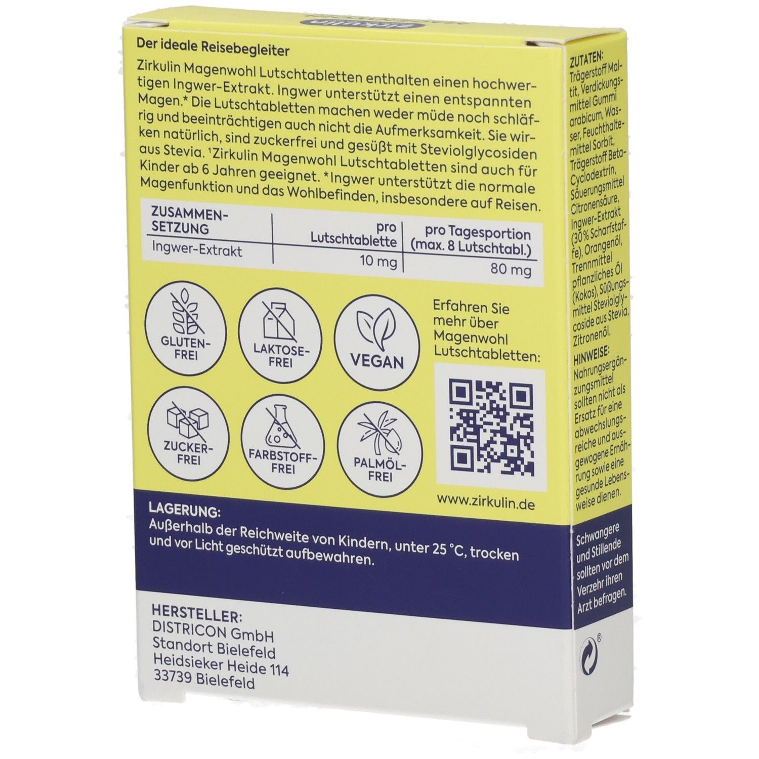 Zirkulin Magenwohl Lutschtabletten Packung, Rückseite mit Hinweisen und Siegeln.