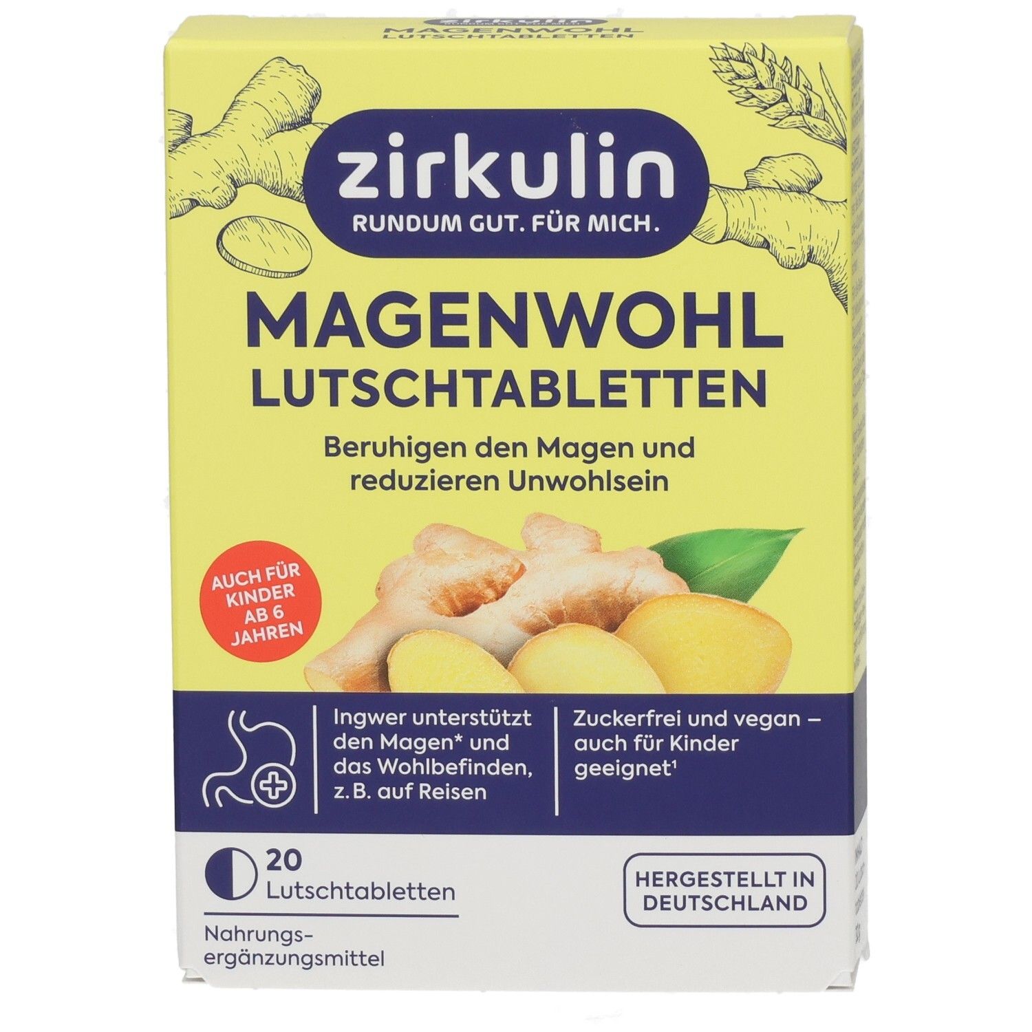 Zirkulin Magenwohl Lutschtabletten Packung mit Ingwerabbildung, 20 Stück.