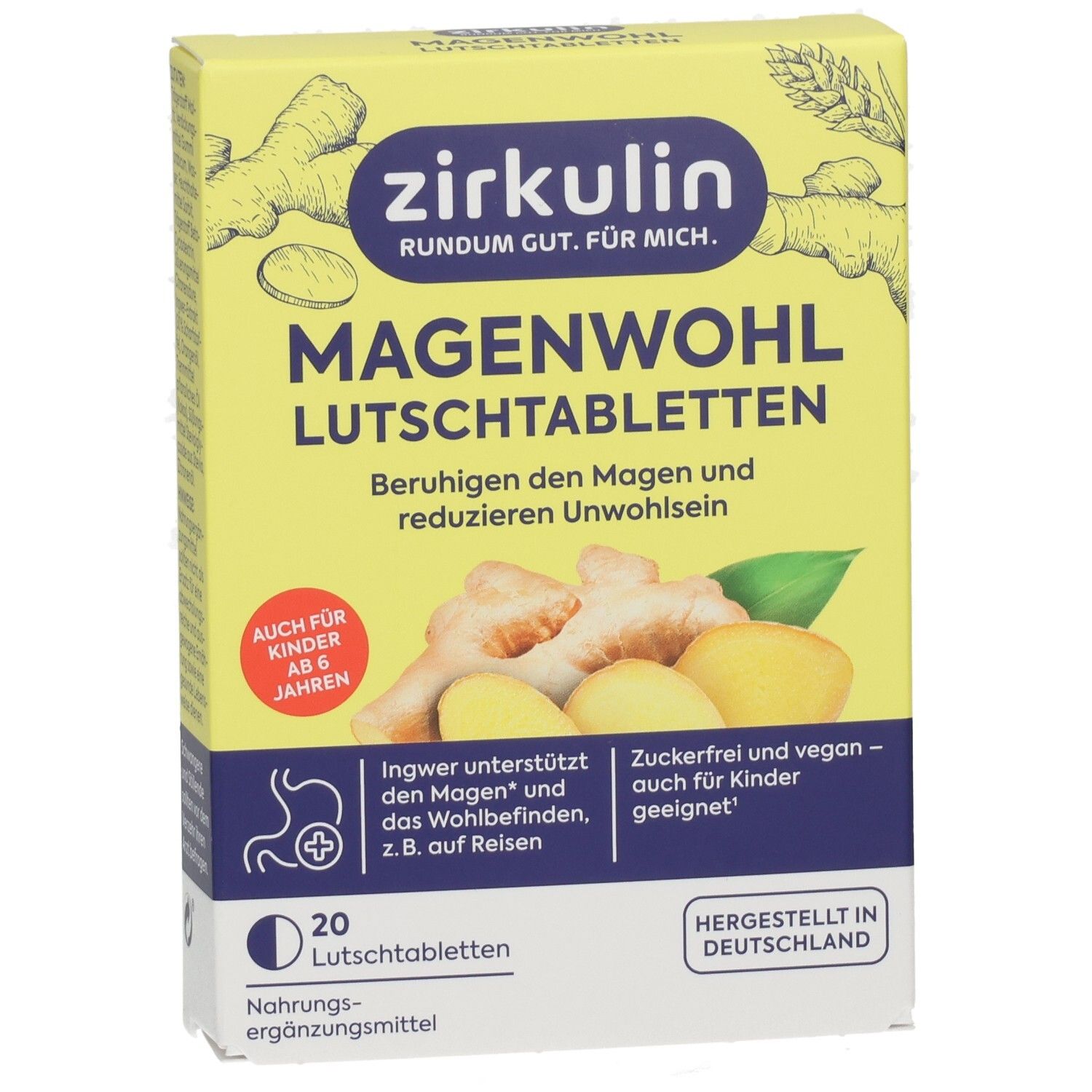 Zirkulin Magenwohl Lutschtabletten Packung mit Ingwerabbildung, 20 Stück.