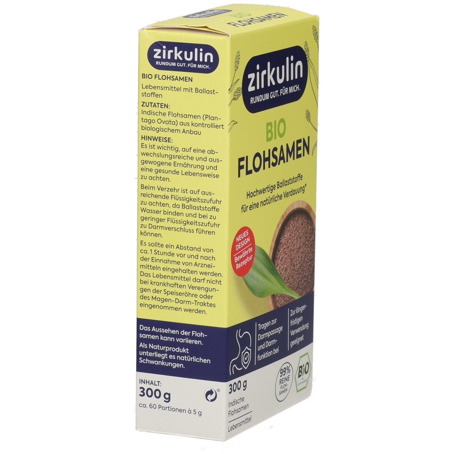 Rückseite der Zirkulin Bio Flohsamen Packung (300g) mit Zutatenliste und Anwendungshinweisen.