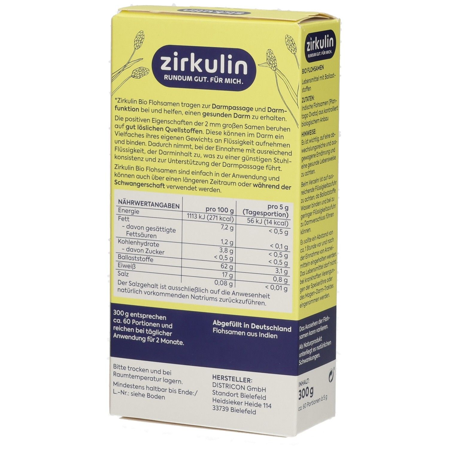 Seitenansicht der Zirkulin Bio Flohsamen Packung (300g) mit Nährwertangaben und Siegeln.